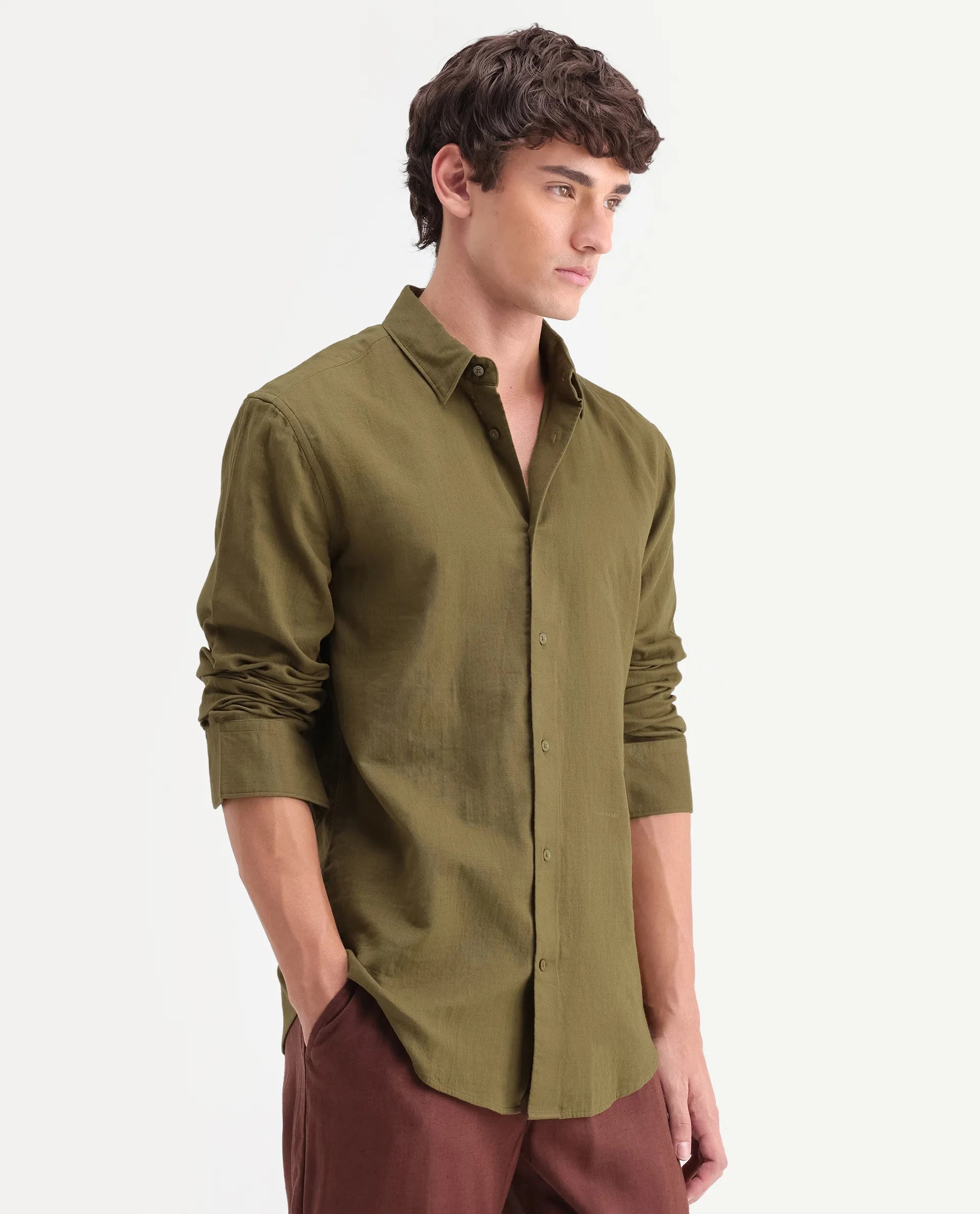 Rare Rabbit Men's Layer-Ls-Aw26 Dusky Green Cotton Spread Collar Regular Plain Shirt