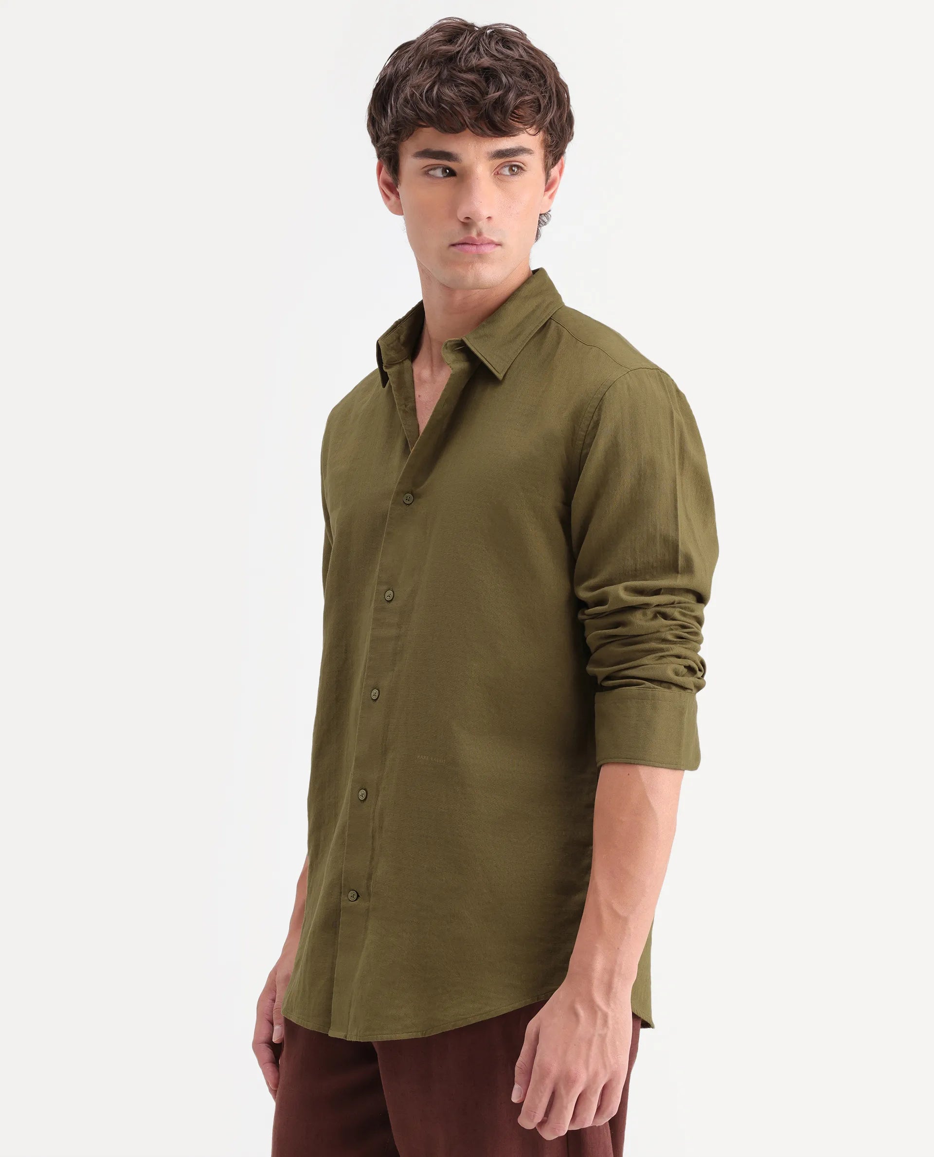 Rare Rabbit Men's Layer-Ls-Aw26 Dusky Green Cotton Spread Collar Regular Plain Shirt