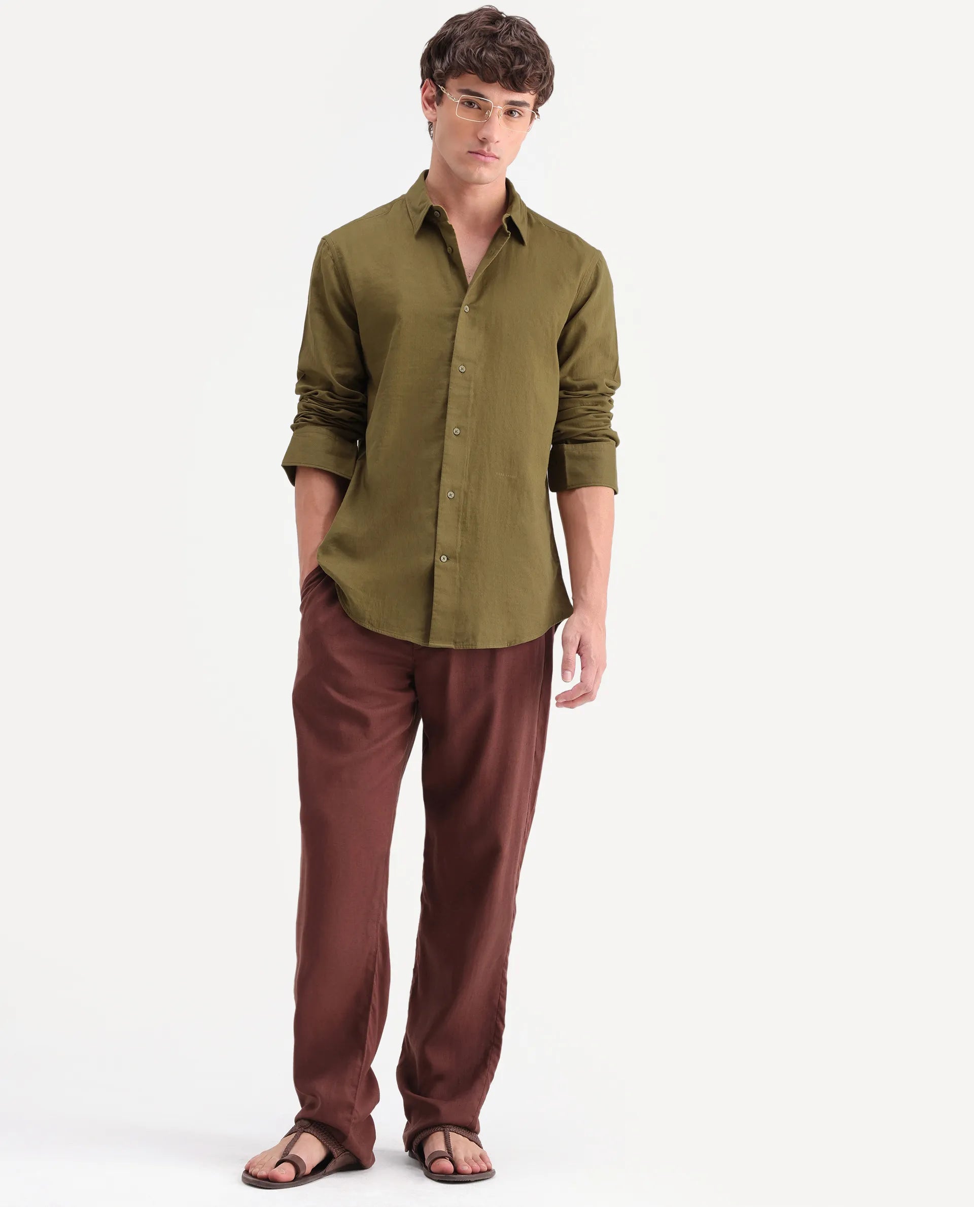 Rare Rabbit Men's Layer-Ls-Aw26 Dusky Green Cotton Spread Collar Regular Plain Shirt