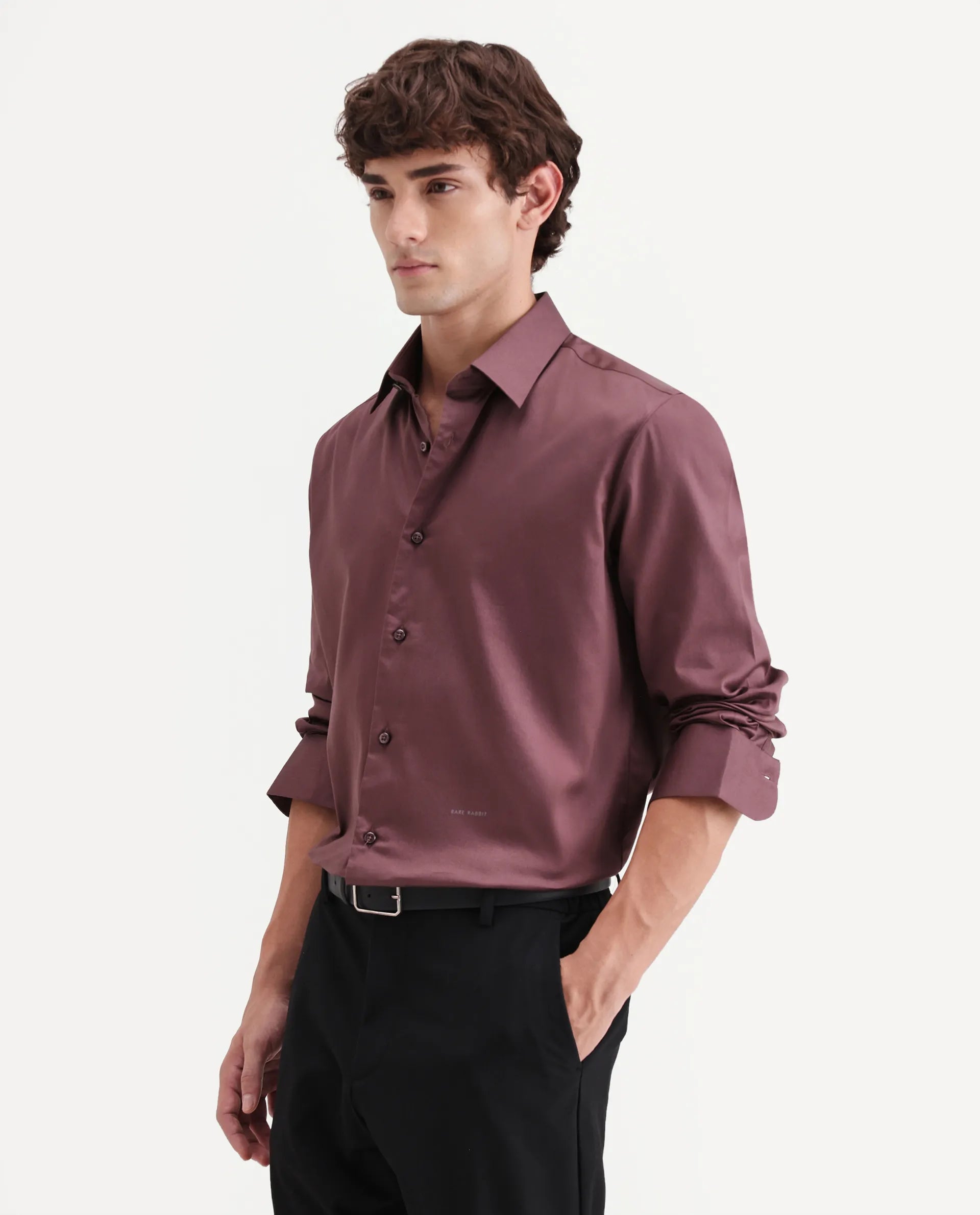 Rare Rabbit Men's Holla-Aw26 Dusky Red Cotton Blend Spread Collar Regular Plain Shirt