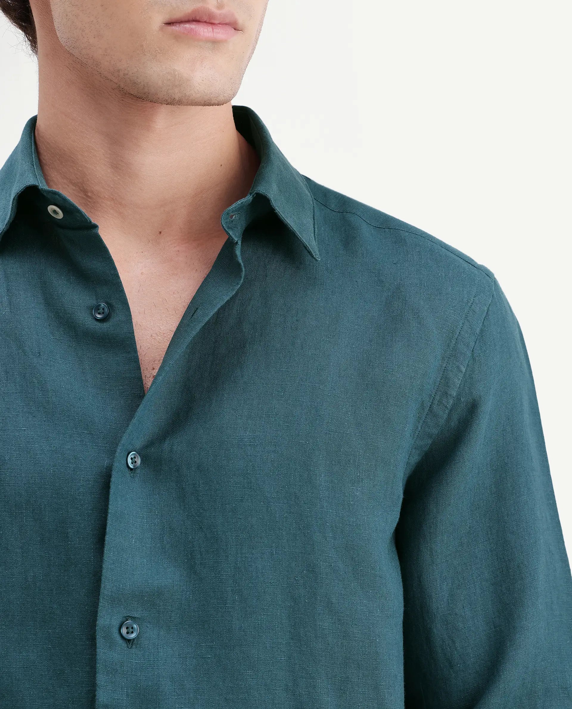 Rare Rabbit Men's Linex-Ls-Aw26 Teal Linen Blend Spread Collar Regular Fit Plain Shirt