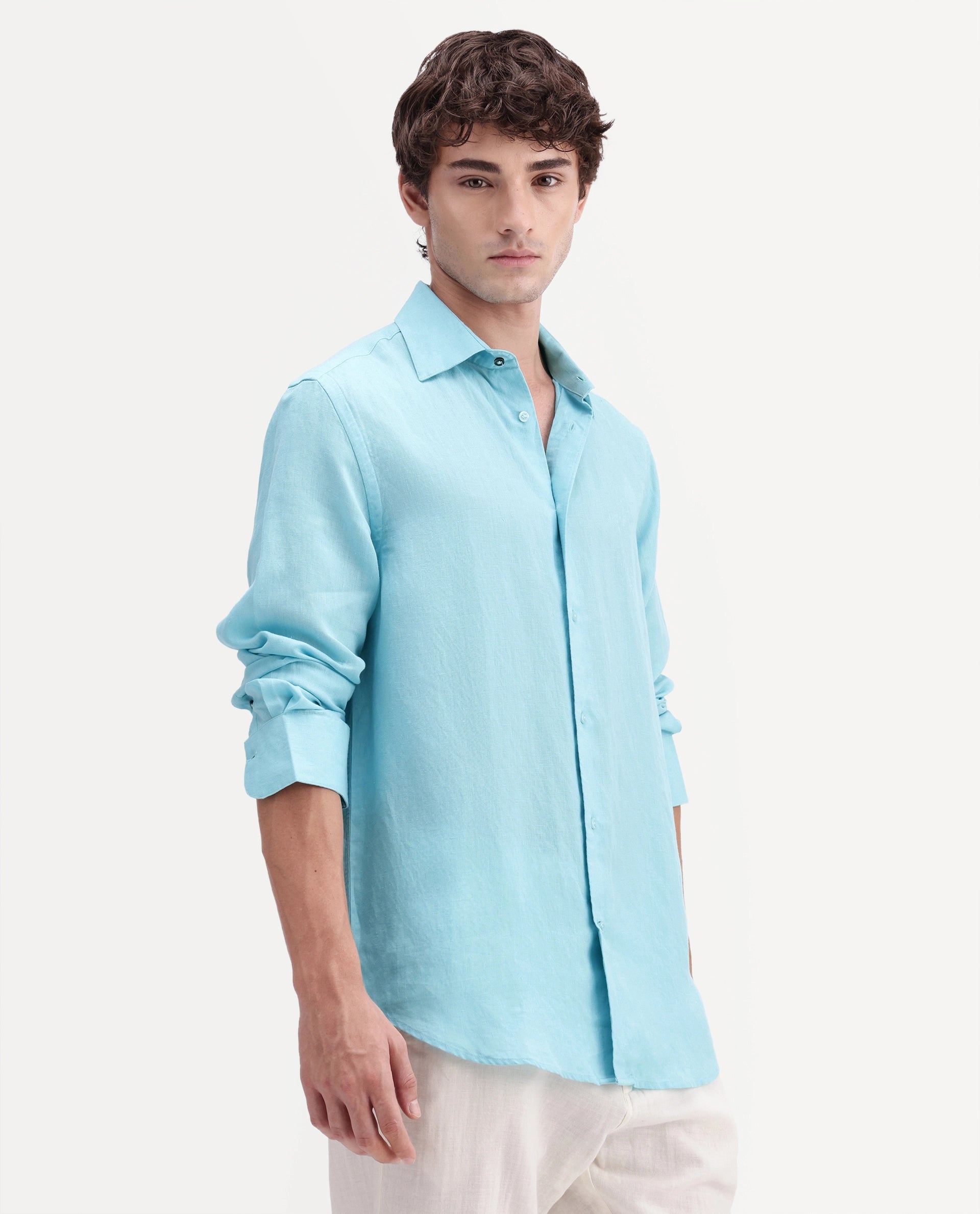 Rare Rabbit Men's Linex-Ls-Aw26 Pastel Blue Linen Blend Spread Collar Regular Fit Plain Shirt