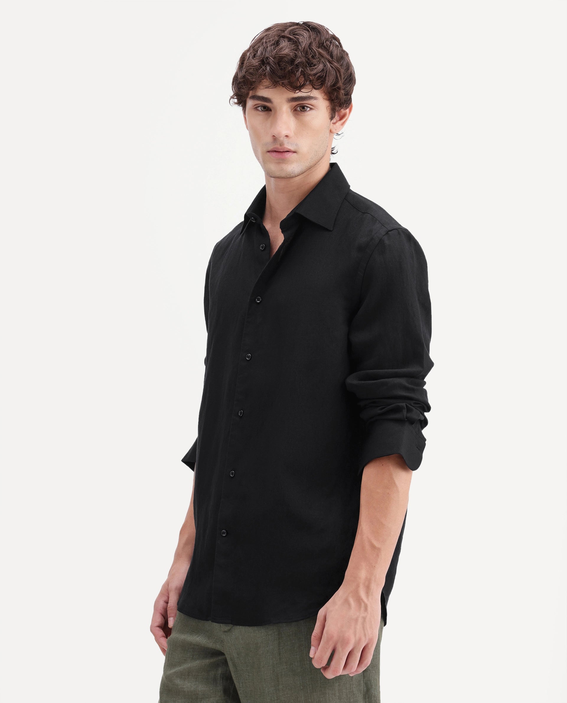 Rare Rabbit Men's Linex-Ls-Aw26 Black Linen Blend Spread Collar Regular Fit Plain Shirt
