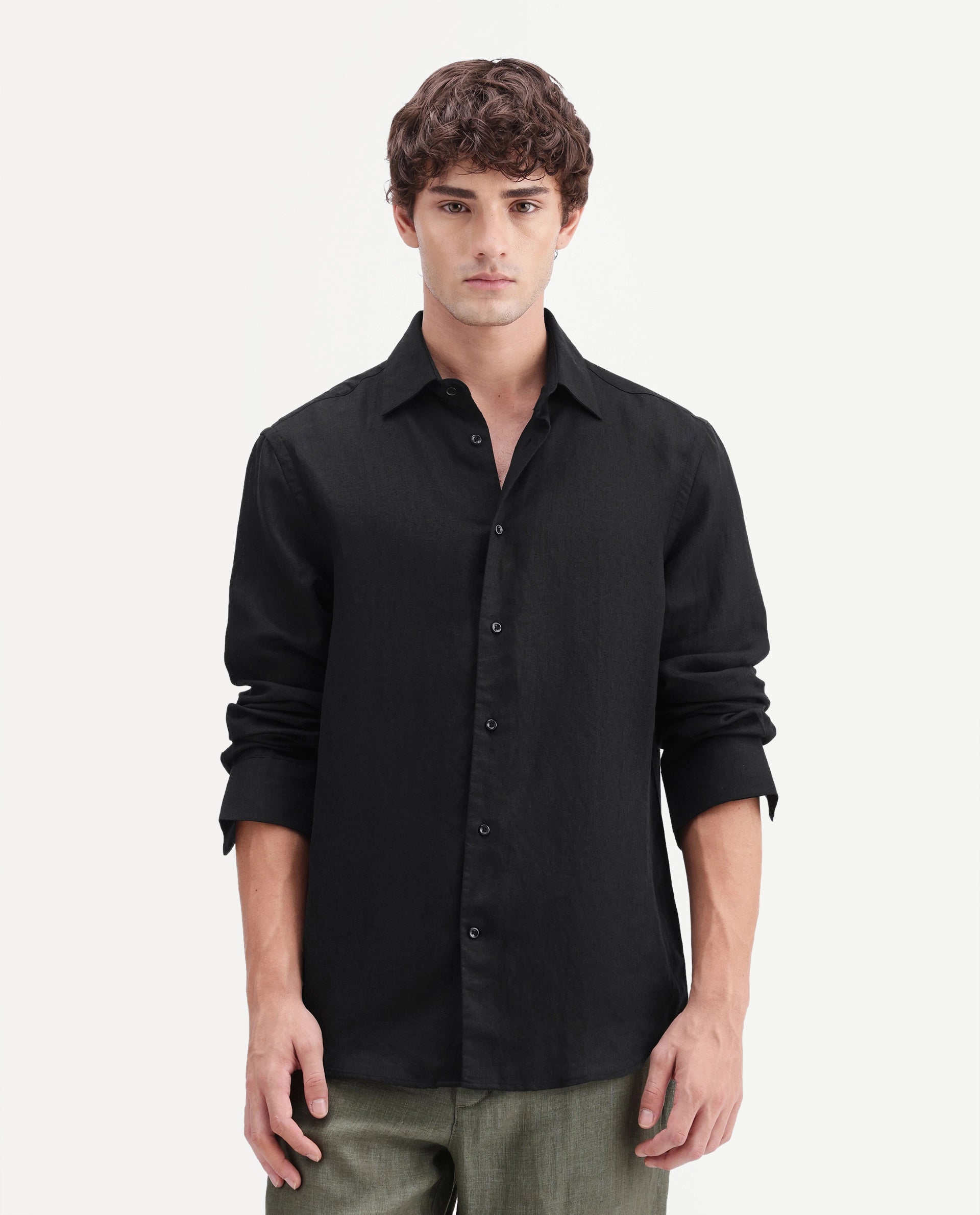 Rare Rabbit Men's Linex-Ls-Aw26 Black Linen Blend Spread Collar Regular Fit Plain Shirt
