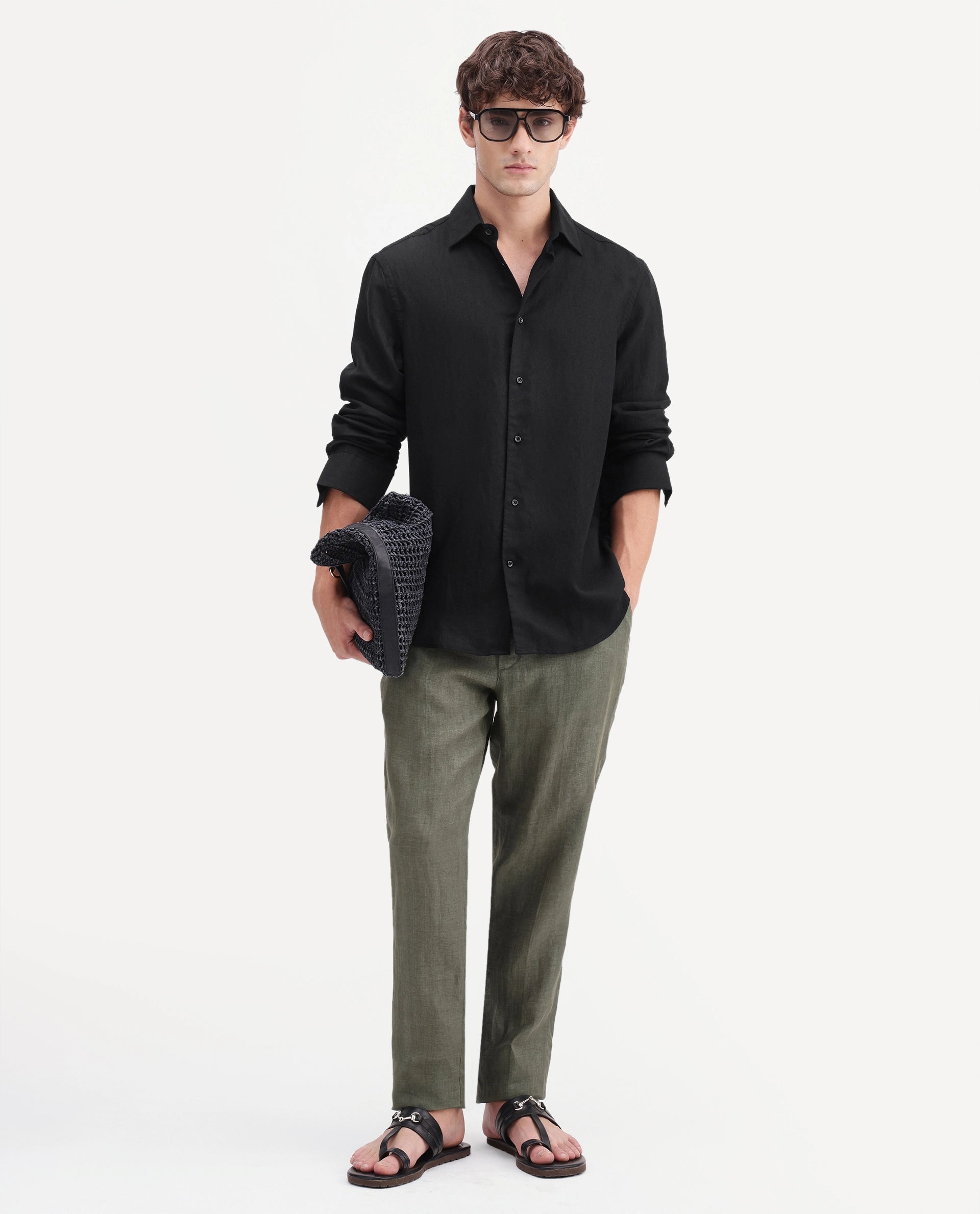 Rare Rabbit Men's Linex-Ls-Aw26 Black Linen Blend Spread Collar Regular Fit Plain Shirt