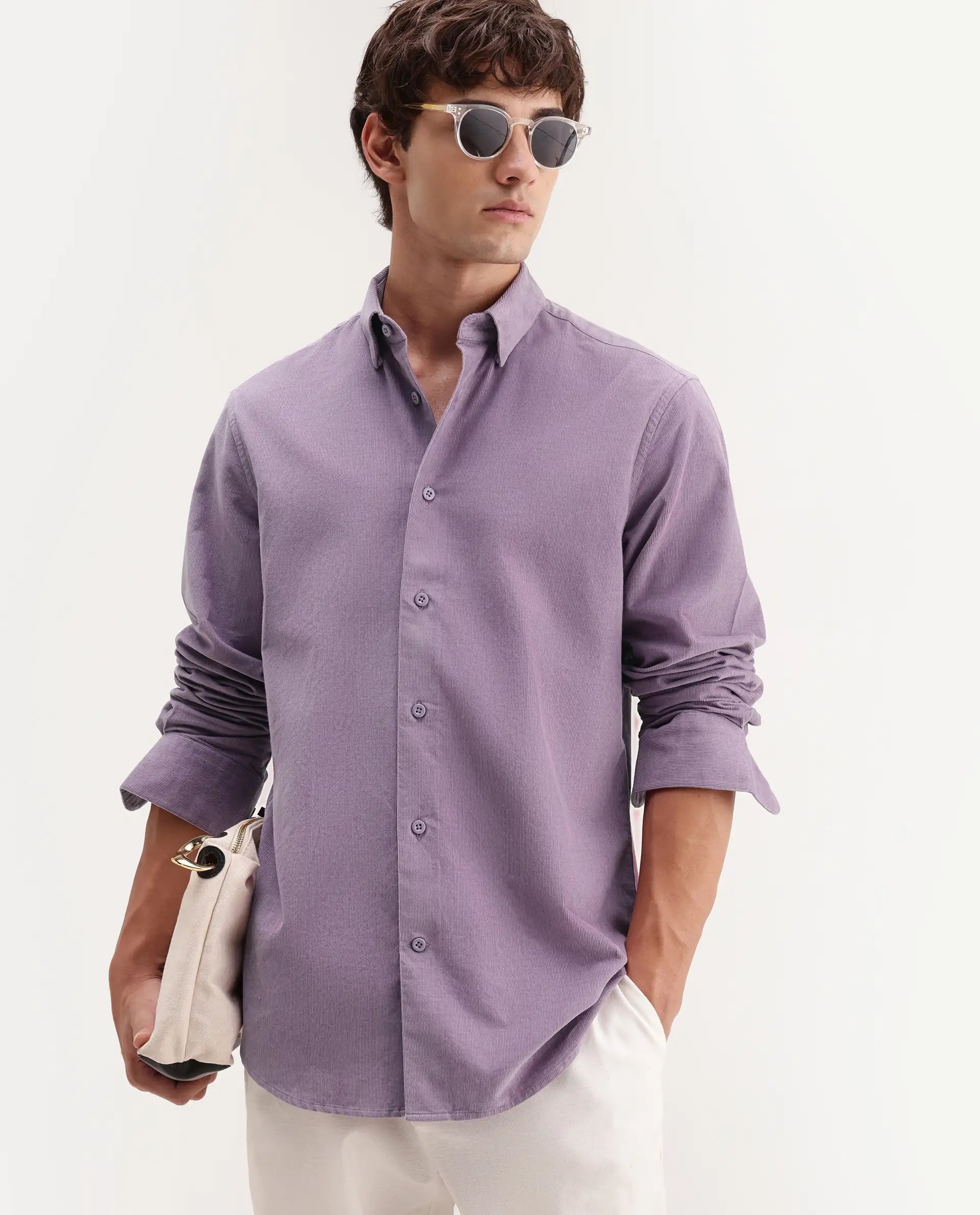 Rare Rabbit Men's Buita-Aw26 Light Purple Cotton Spread Collar Regular Fit Plain Shirt