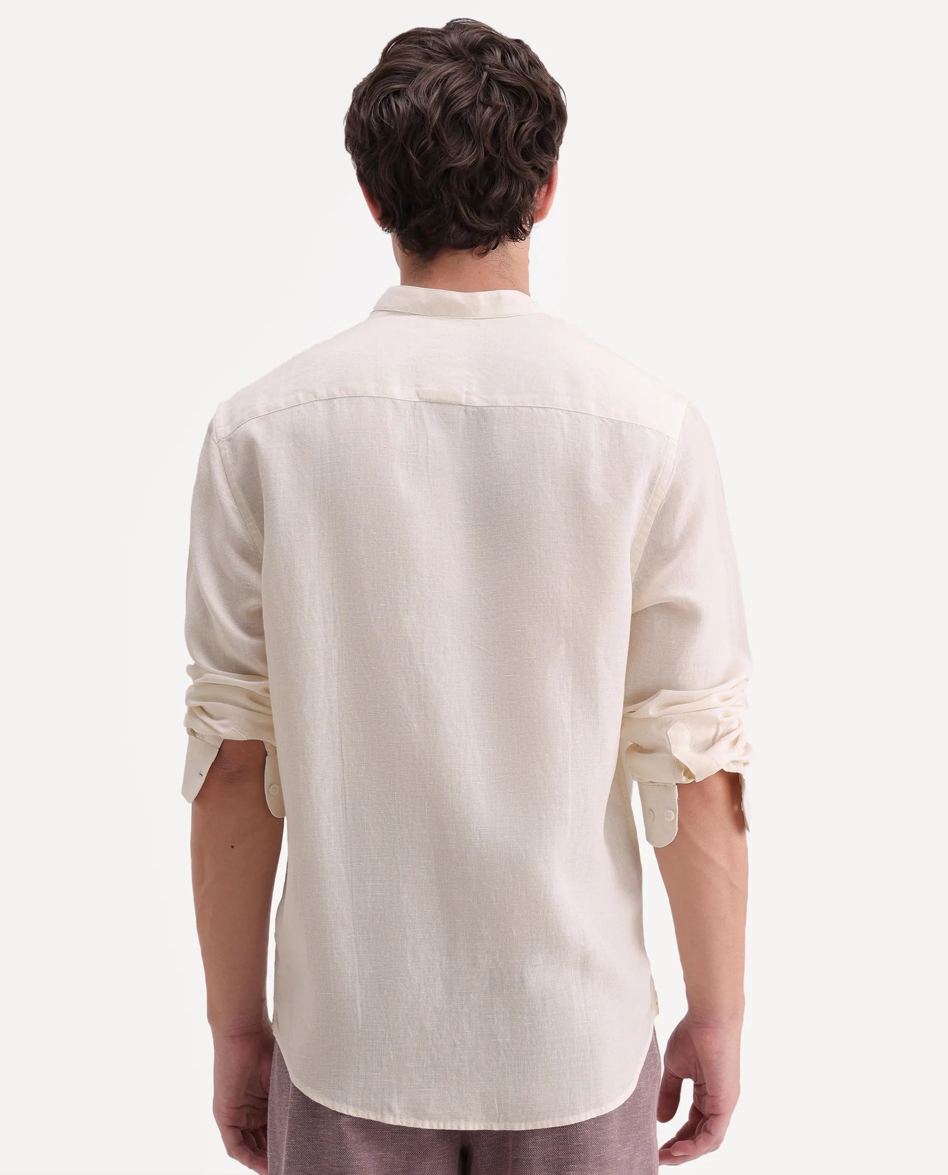 Rare Rabbit Men's Cinex-Aw26 Off White Linen Mandarin Collar Regular Fit Plain Shirt
