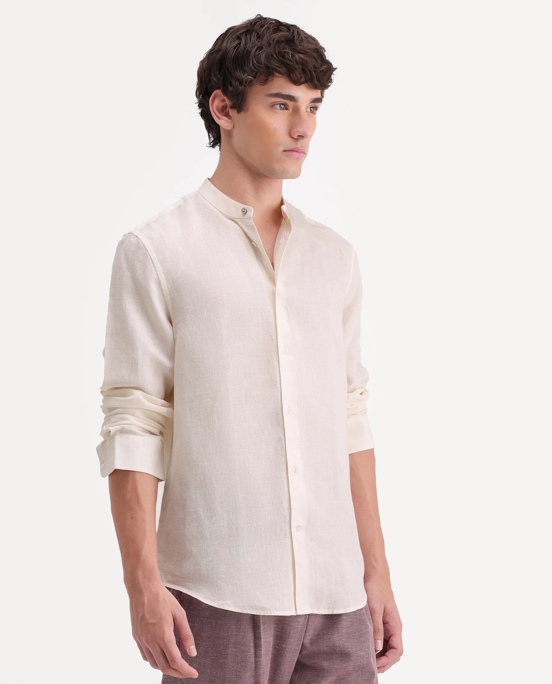 Rare Rabbit Men's Cinex-Aw26 Off White Linen Mandarin Collar Regular Fit Plain Shirt