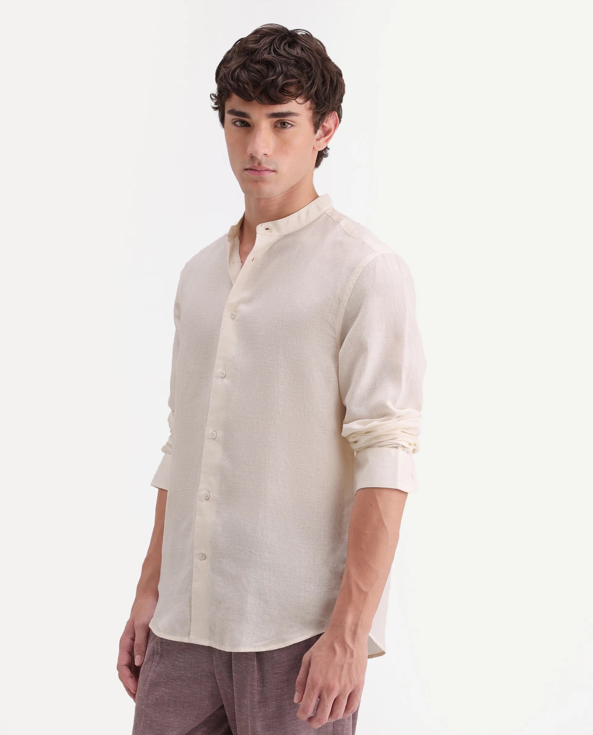 Rare Rabbit Men's Cinex-Aw26 Off White Linen Mandarin Collar Regular Fit Plain Shirt