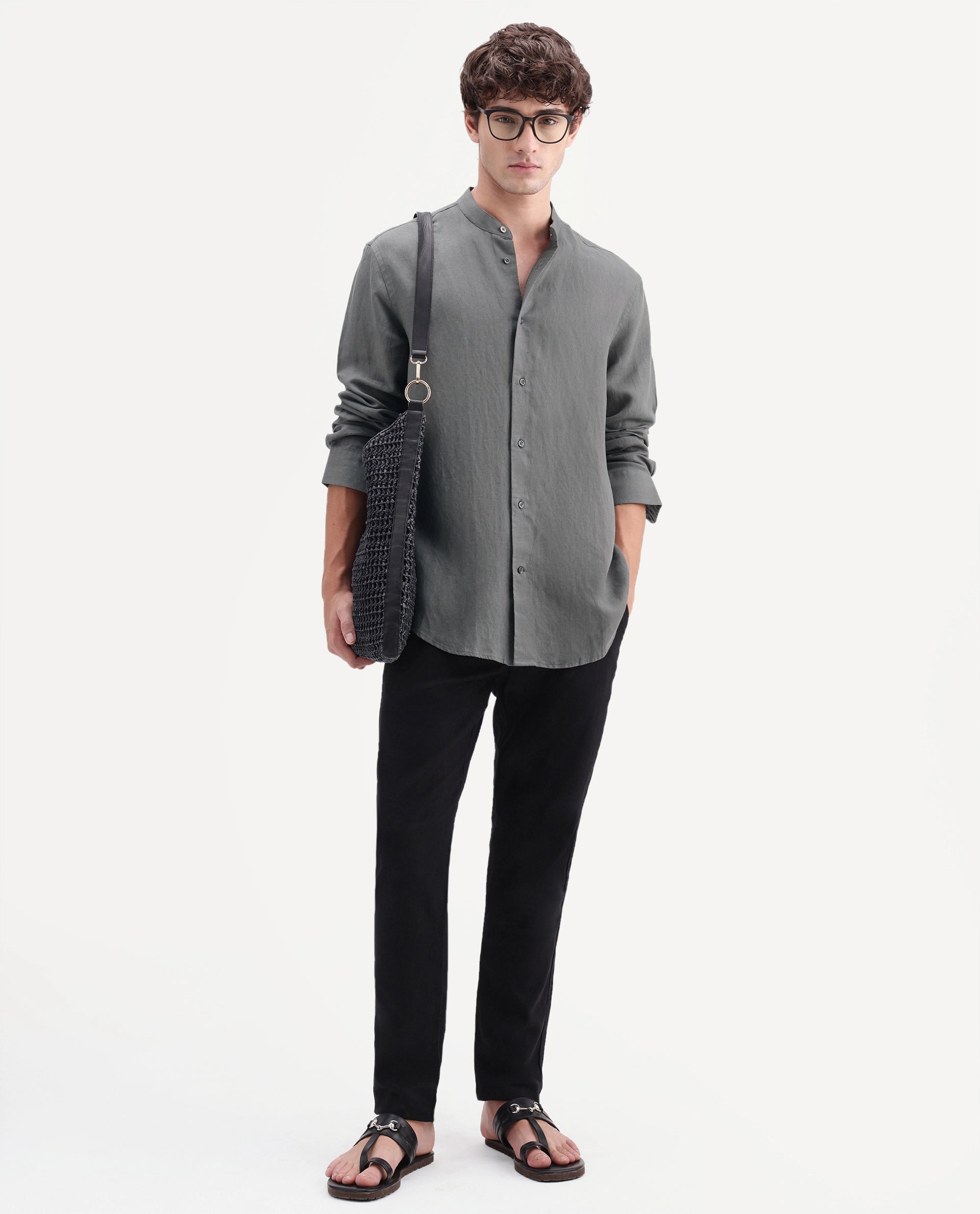 Rare Rabbit Men's Cinex-Aw26 Olive Linen Mandarin Collar Regular Fit Plain Shirt
