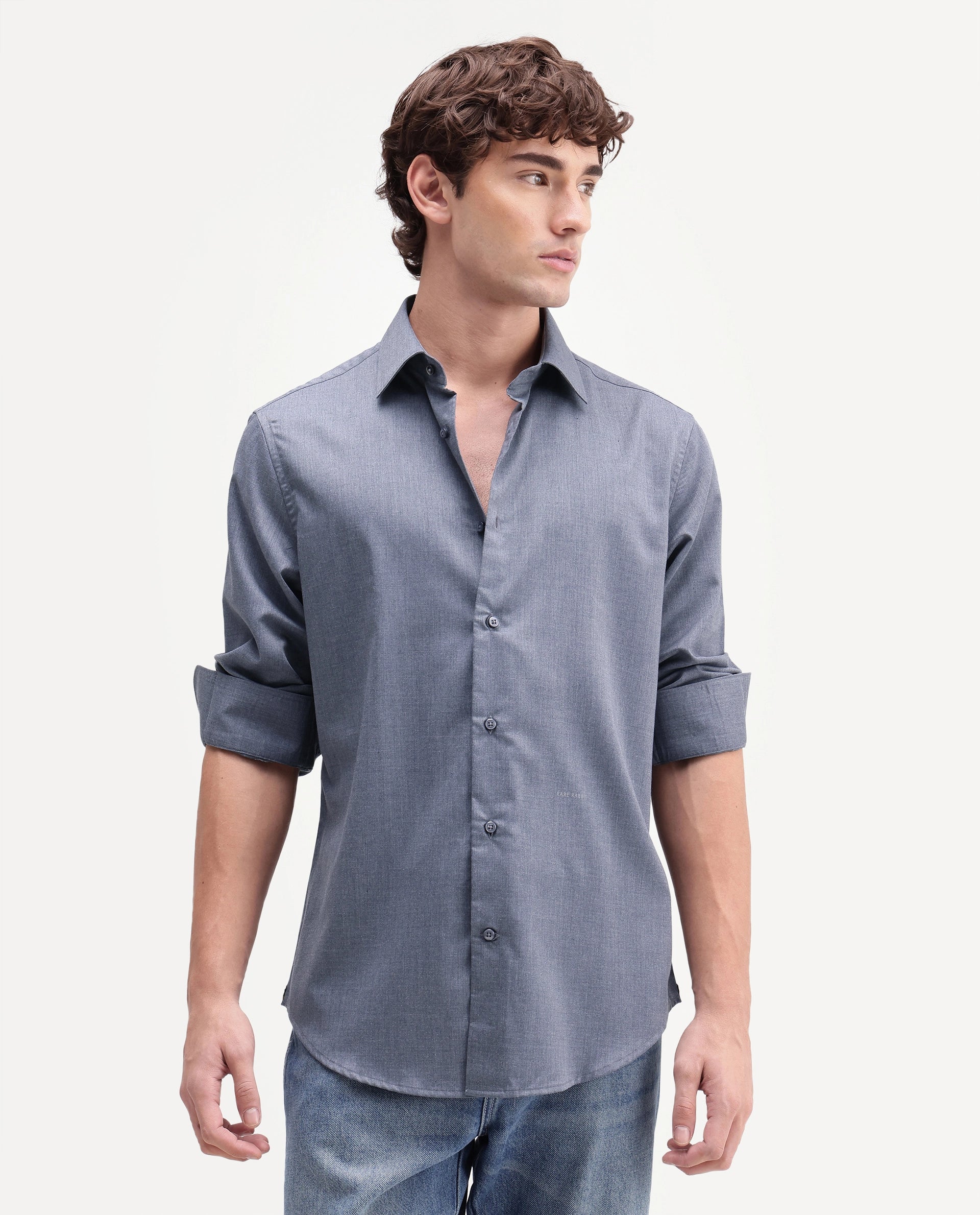 Rare Rabbit Men's Gunjo-Aw26 Dusky Blue Polyester Blend Spread Collar Regular Plain Shirt