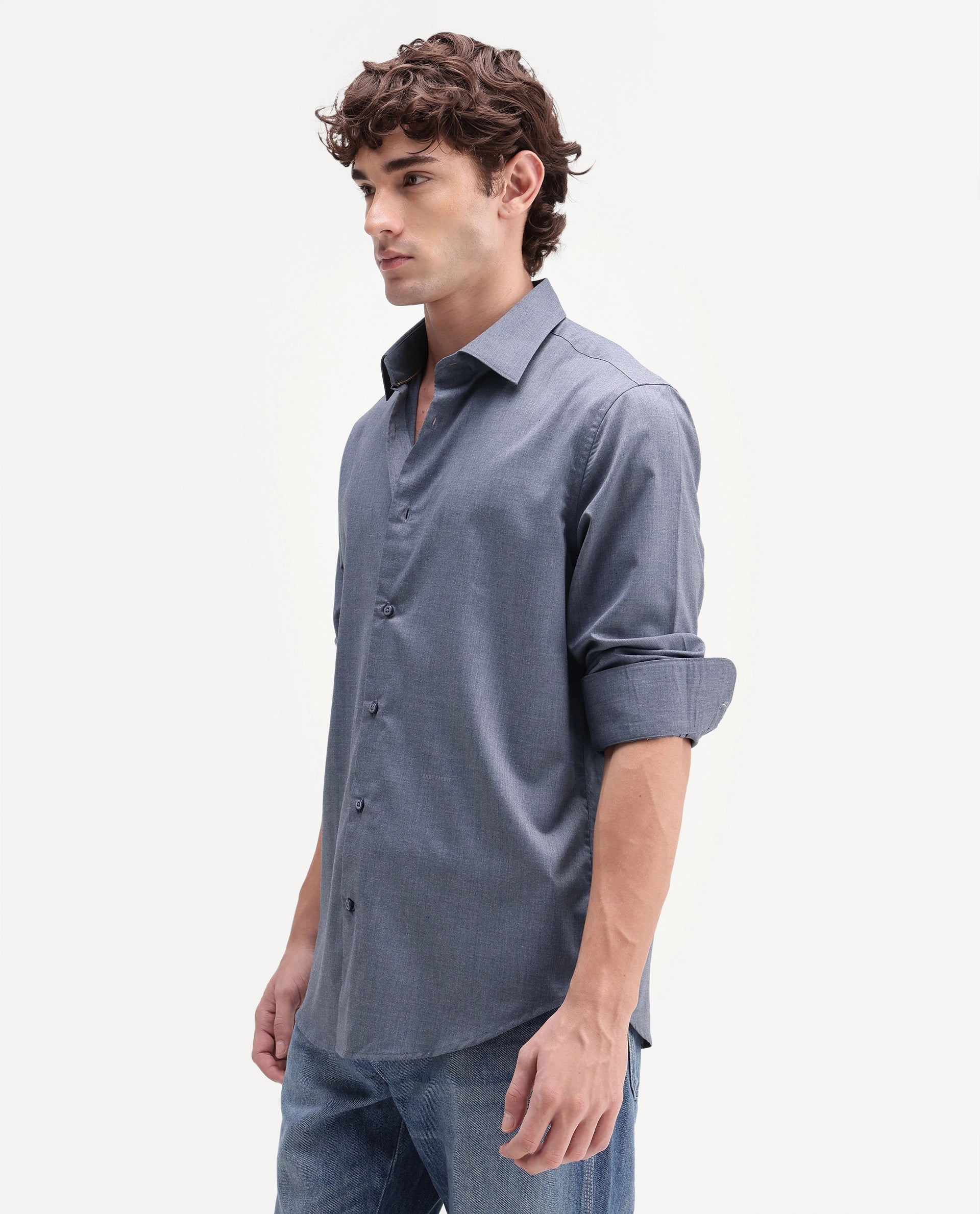 Rare Rabbit Men's Gunjo-Aw26 Dusky Blue Polyester Blend Spread Collar Regular Plain Shirt