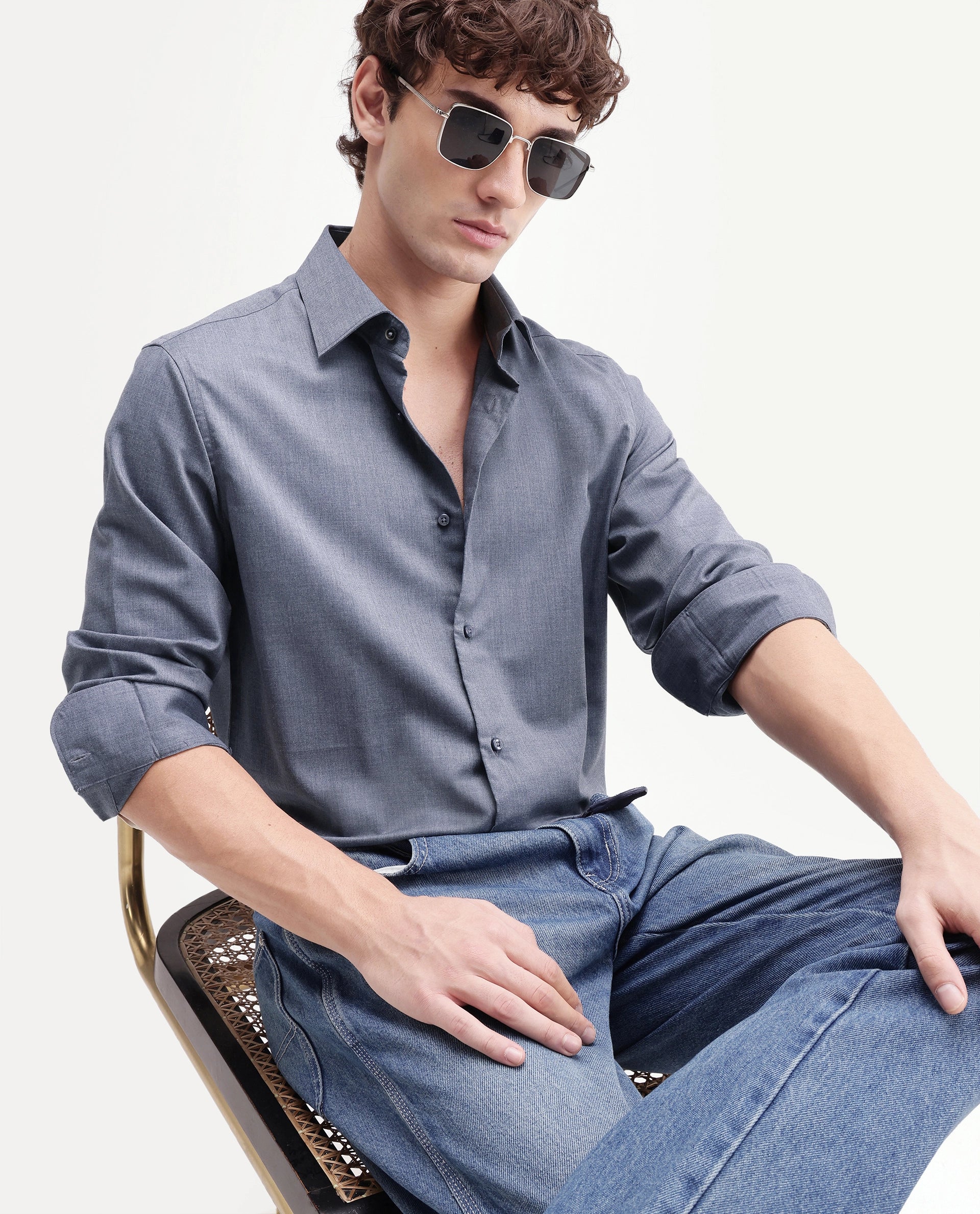 Rare Rabbit Men's Gunjo-Aw26 Dusky Blue Polyester Blend Spread Collar Regular Plain Shirt