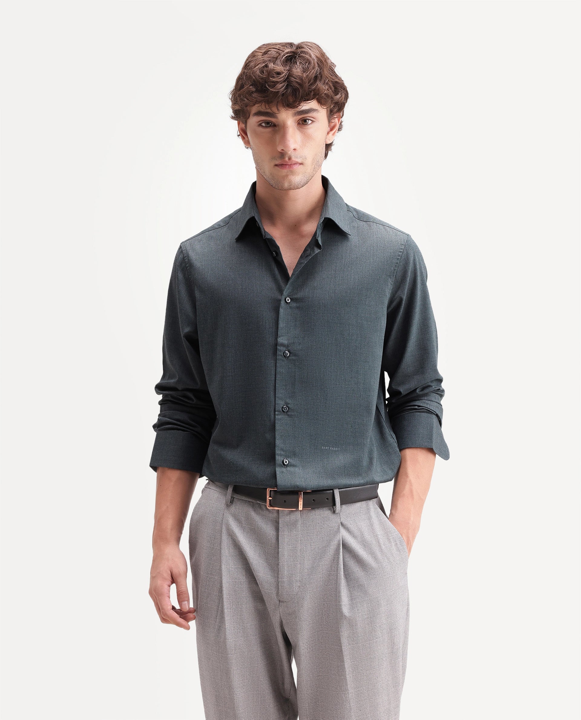 Rare Rabbit Men's Gunjo-Aw26 Teal Polyester Blend Spread Collar Regular Plain Shirt
