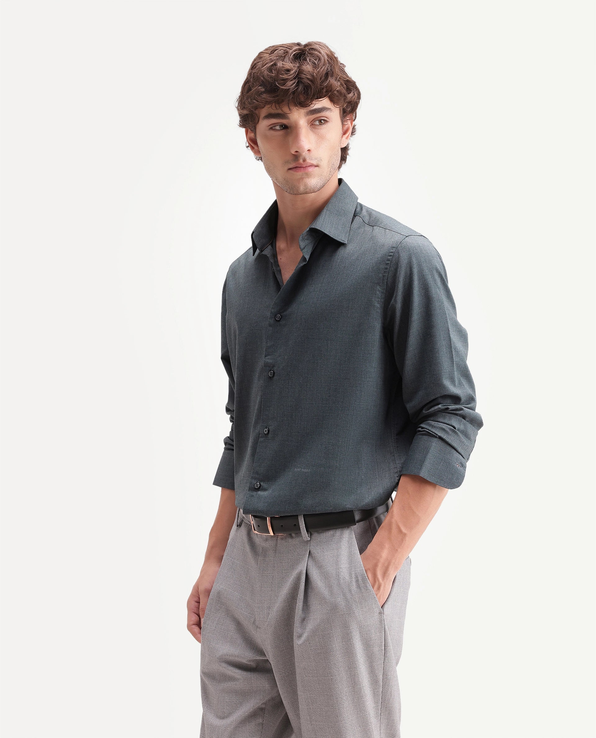 Rare Rabbit Men's Gunjo-Aw26 Teal Polyester Blend Spread Collar Regular Plain Shirt
