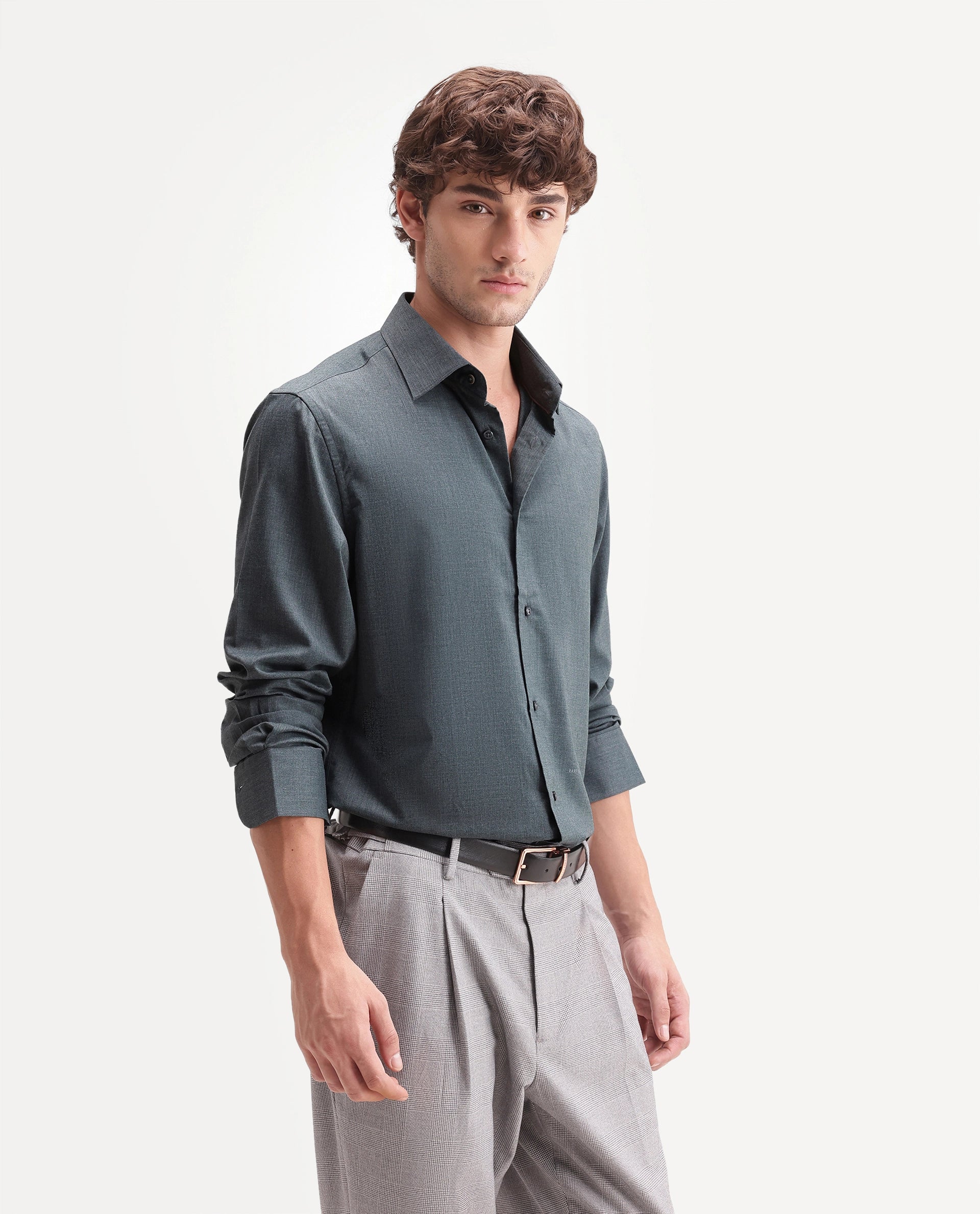 Rare Rabbit Men's Gunjo-Aw26 Teal Polyester Blend Spread Collar Regular Plain Shirt