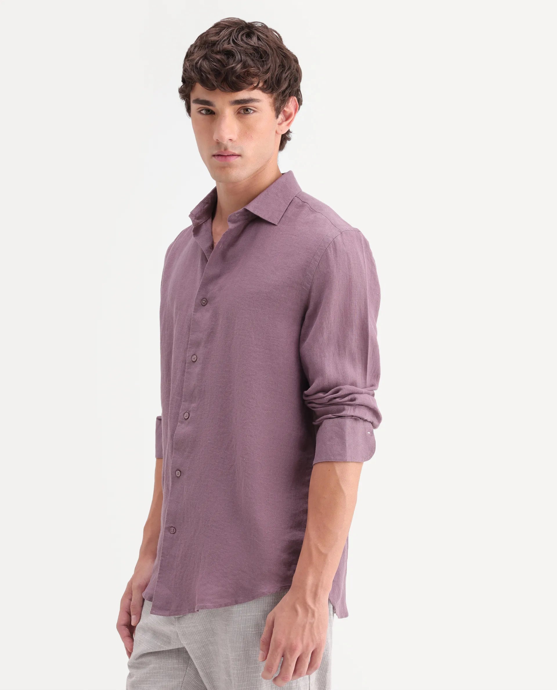 Rare Rabbit Men's Mavi-Aw26 Dusky Pink 100% Linen Spread Collar Regular Plain Shirt