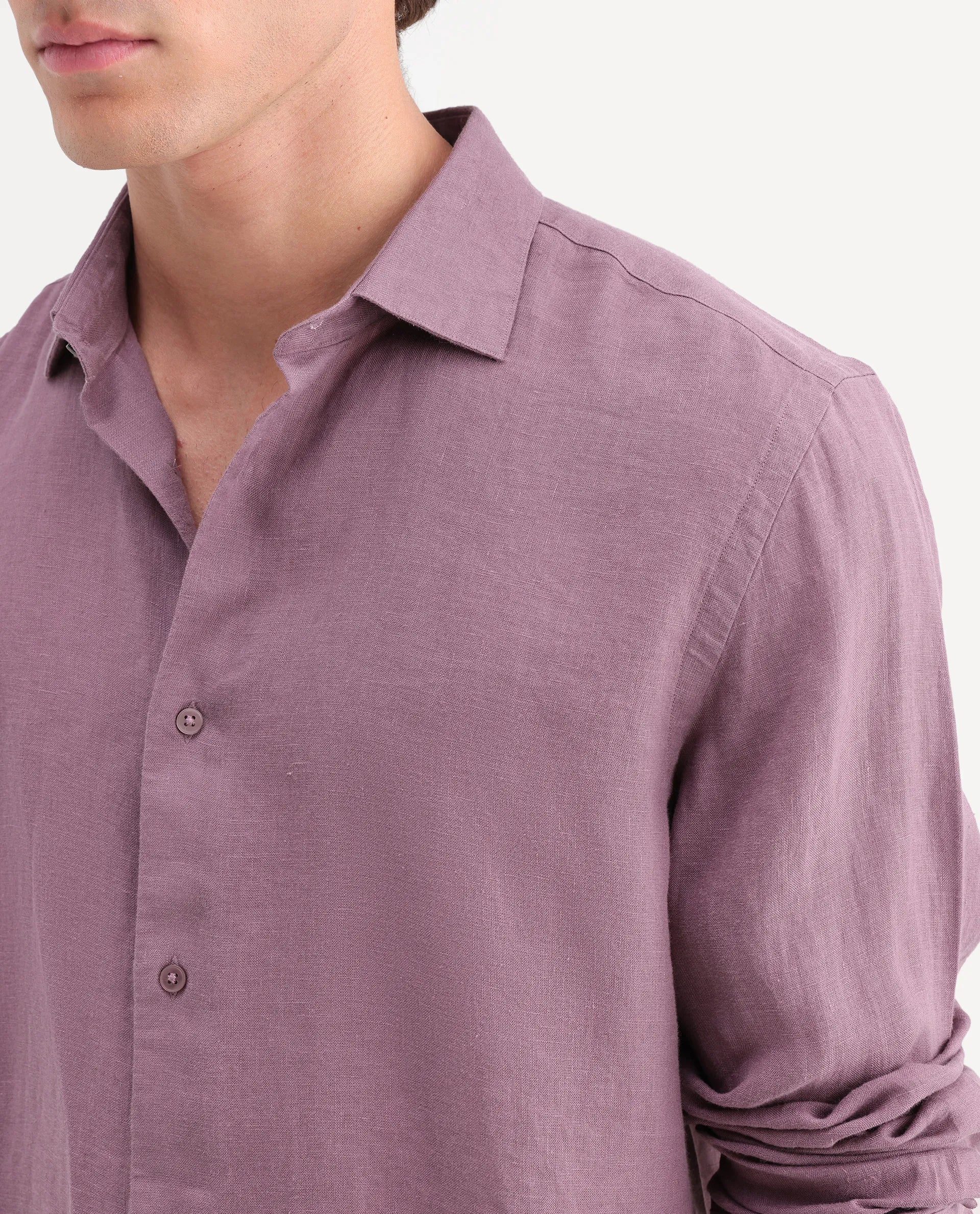 Rare Rabbit Men's Mavi-Aw26 Dusky Pink 100% Linen Spread Collar Regular Plain Shirt