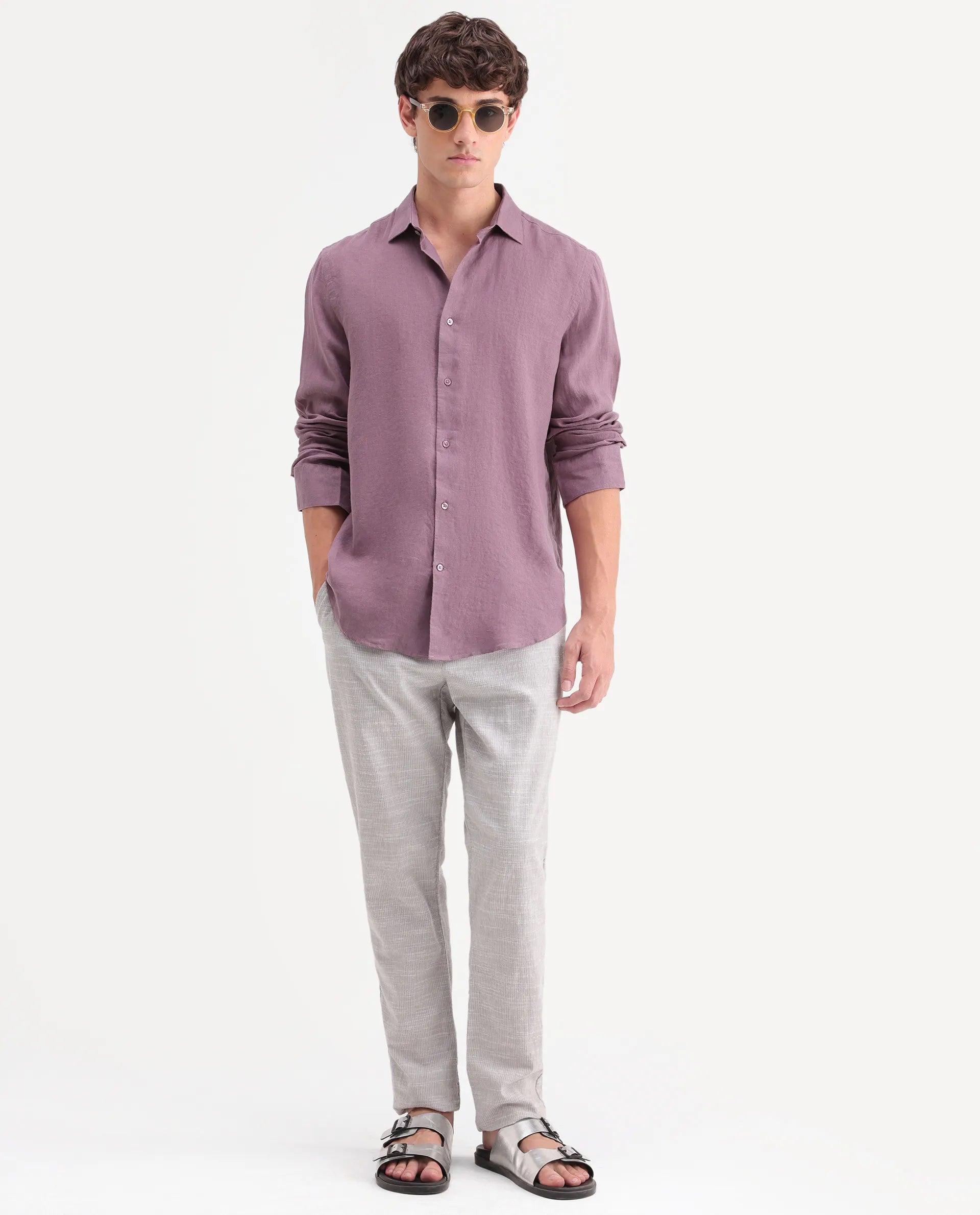 Rare Rabbit Men's Mavi-Aw26 Dusky Pink 100% Linen Spread Collar Regular Plain Shirt