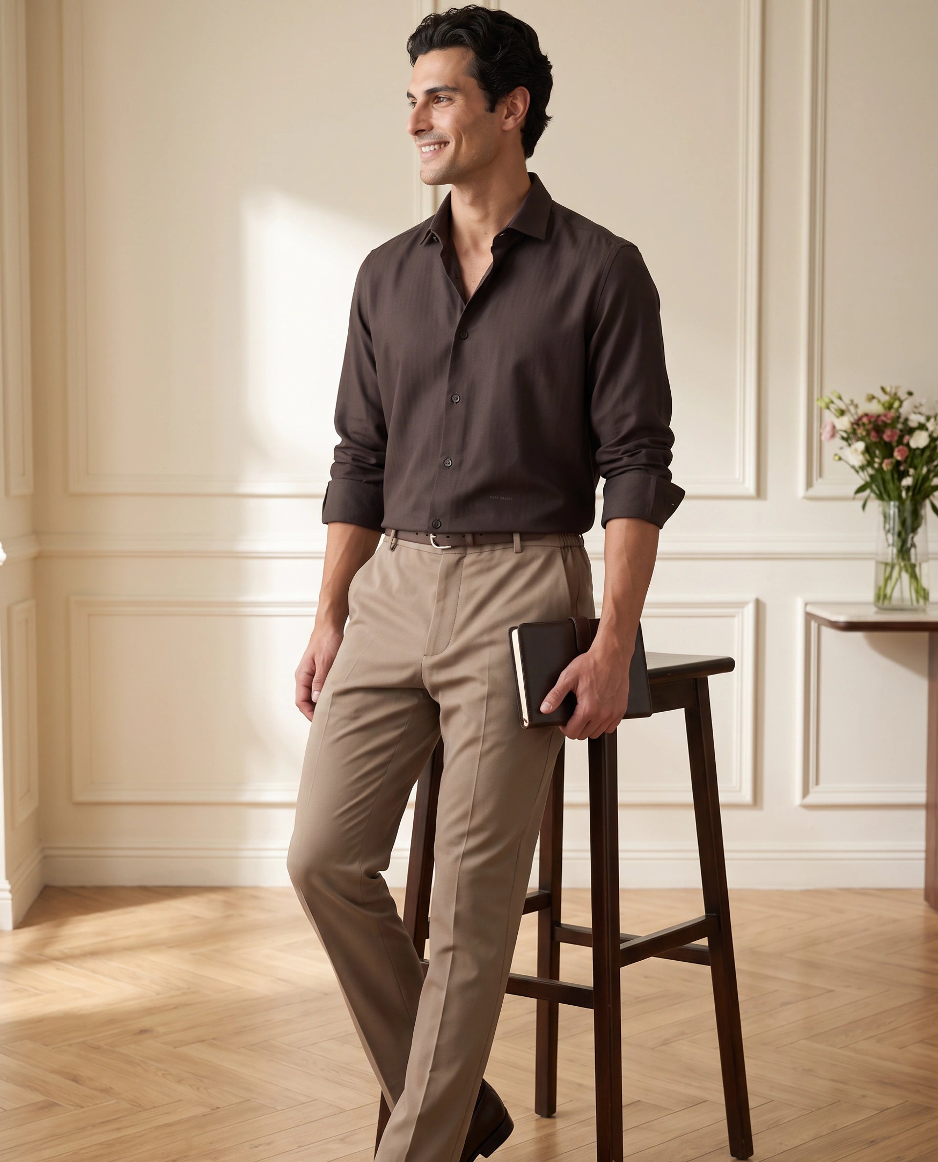 Rare Rabbit Men's Mer-Aw26 Dark Brown Polyester Blend Spread Collar Regular Plain Shirt