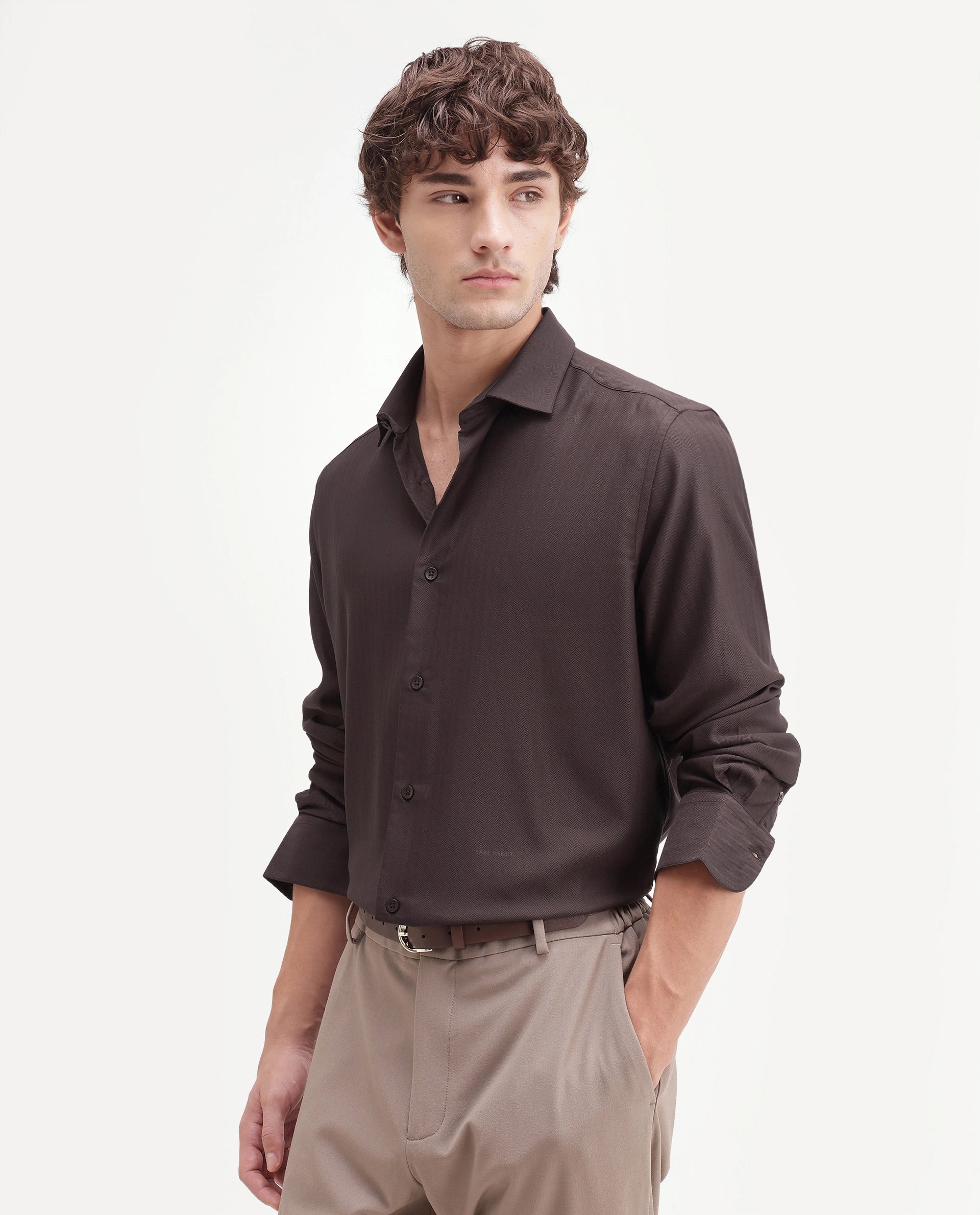 Rare Rabbit Men's Mer-Aw26 Dark Brown Polyester Blend Spread Collar Regular Plain Shirt