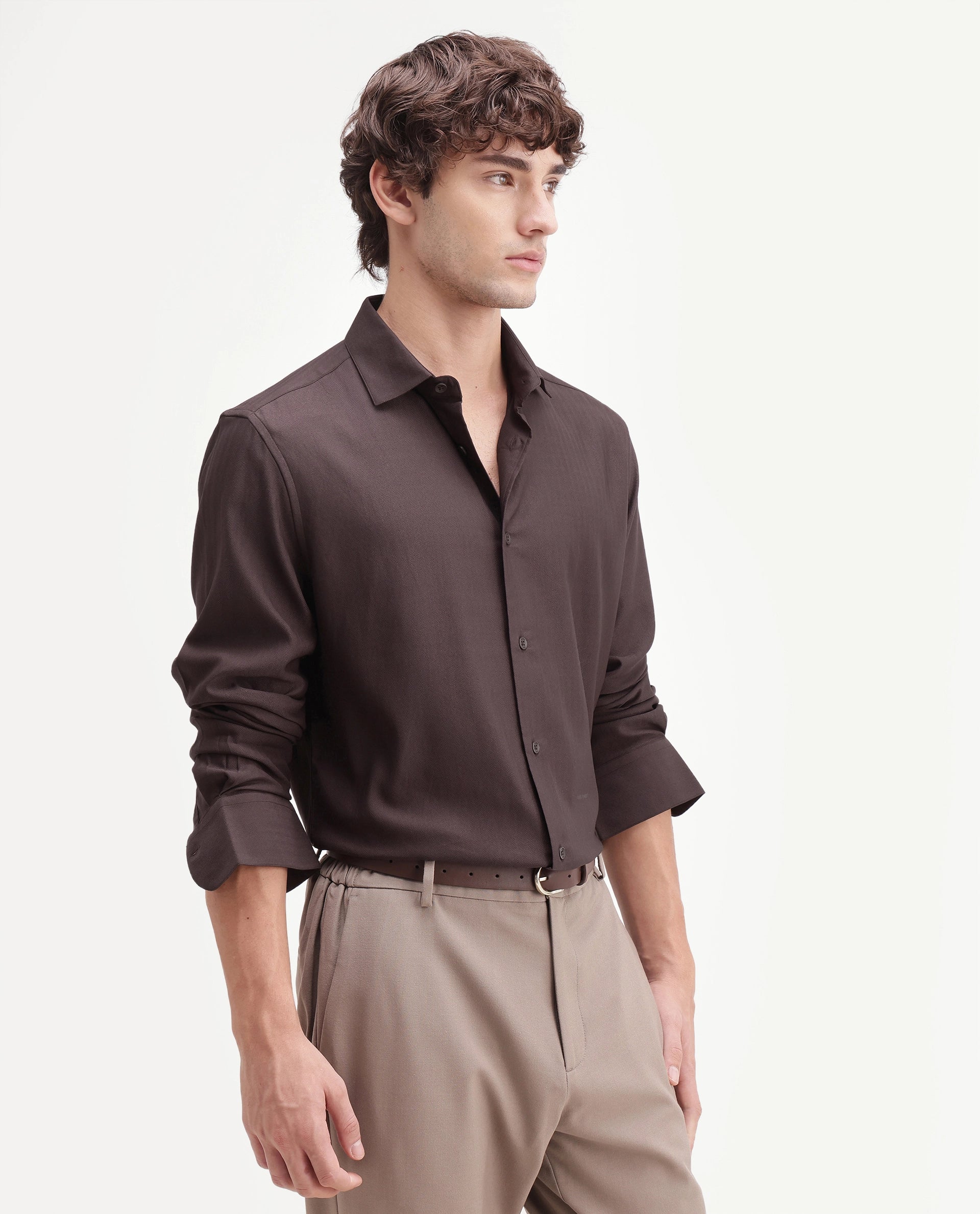Rare Rabbit Men's Mer-Aw26 Dark Brown Polyester Blend Spread Collar Regular Plain Shirt
