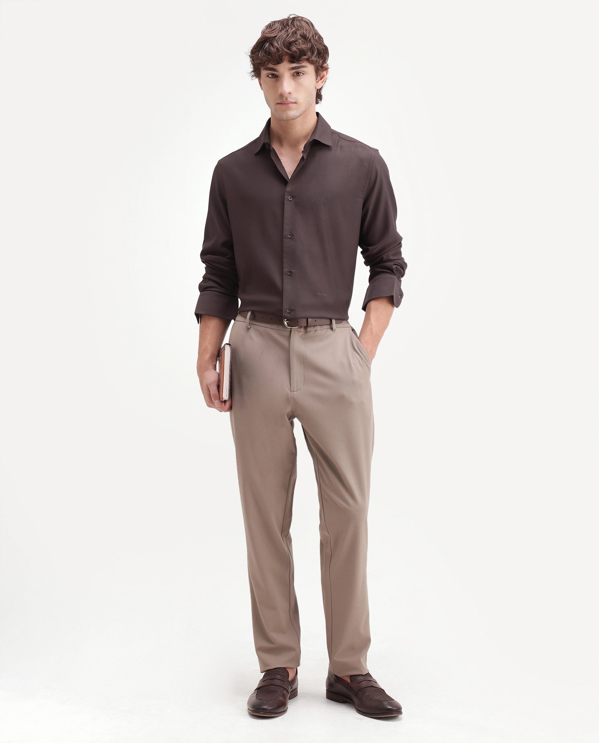 Rare Rabbit Men's Mer-Aw26 Dark Brown Polyester Blend Spread Collar Regular Plain Shirt