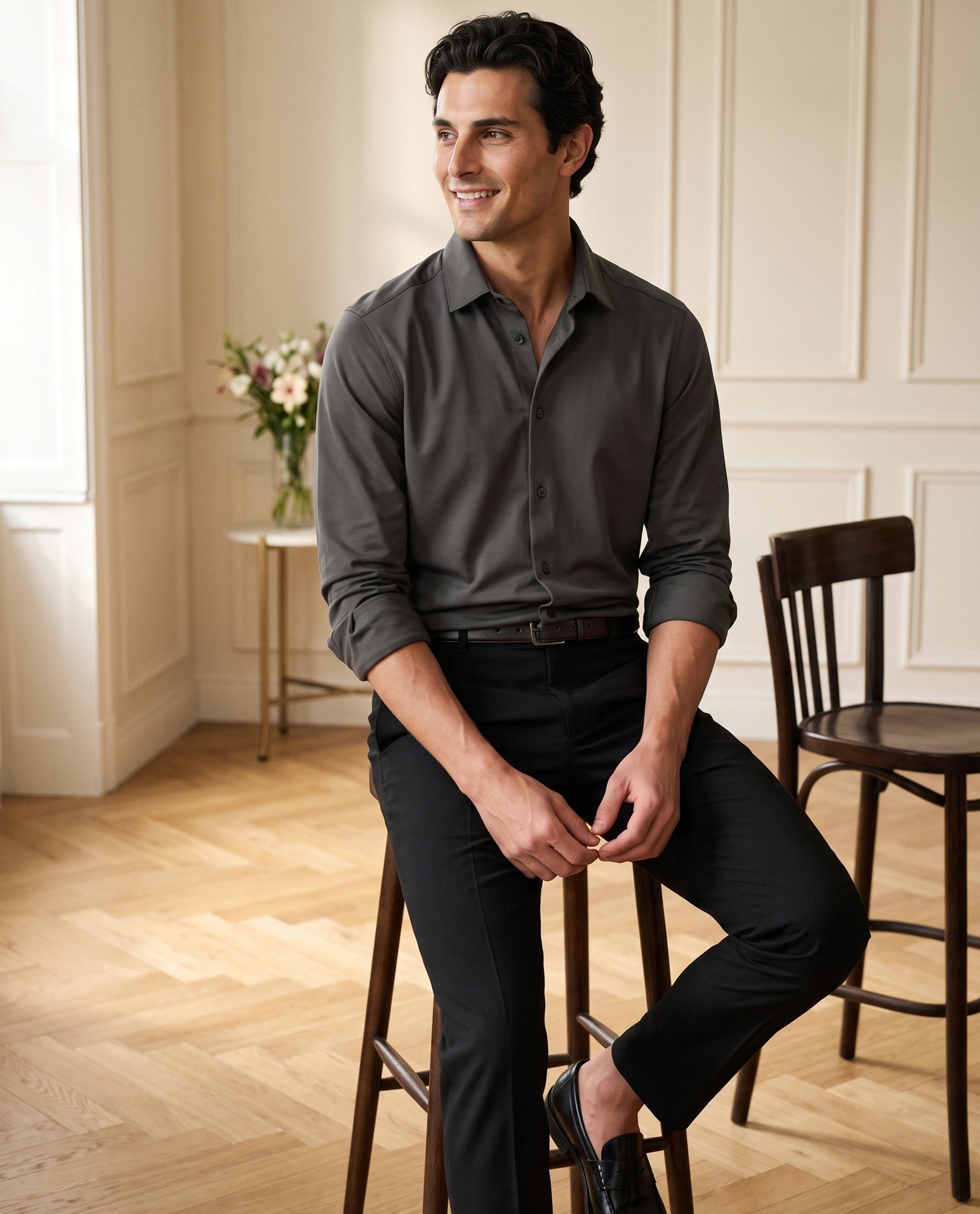 Rare Rabbit Men's Tour-Aw26 Dark Grey Cotton Blend Spread Collar Regular Plain Shirt