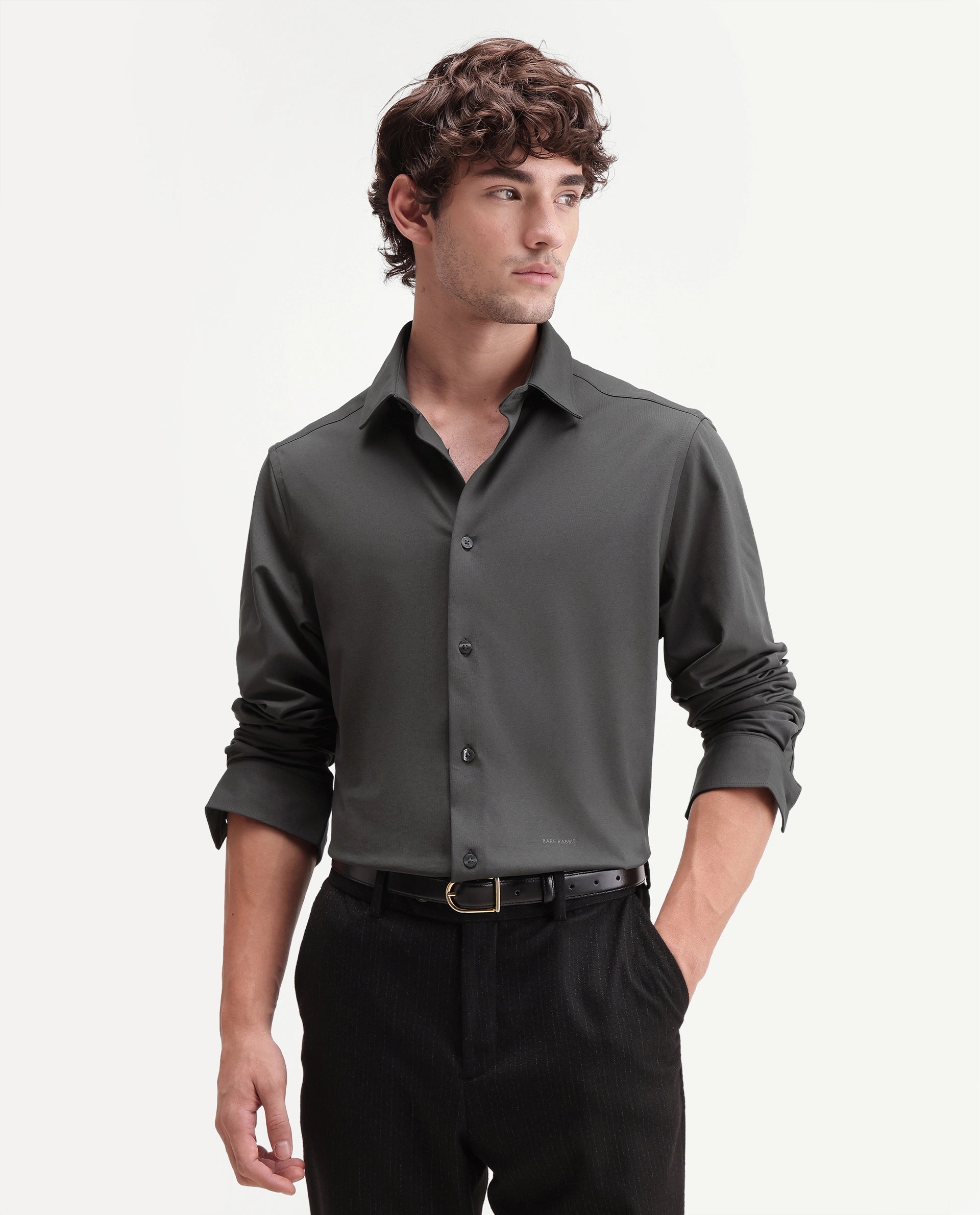 Rare Rabbit Men's Tour-Aw26 Dark Grey Cotton Blend Spread Collar Regular Plain Shirt