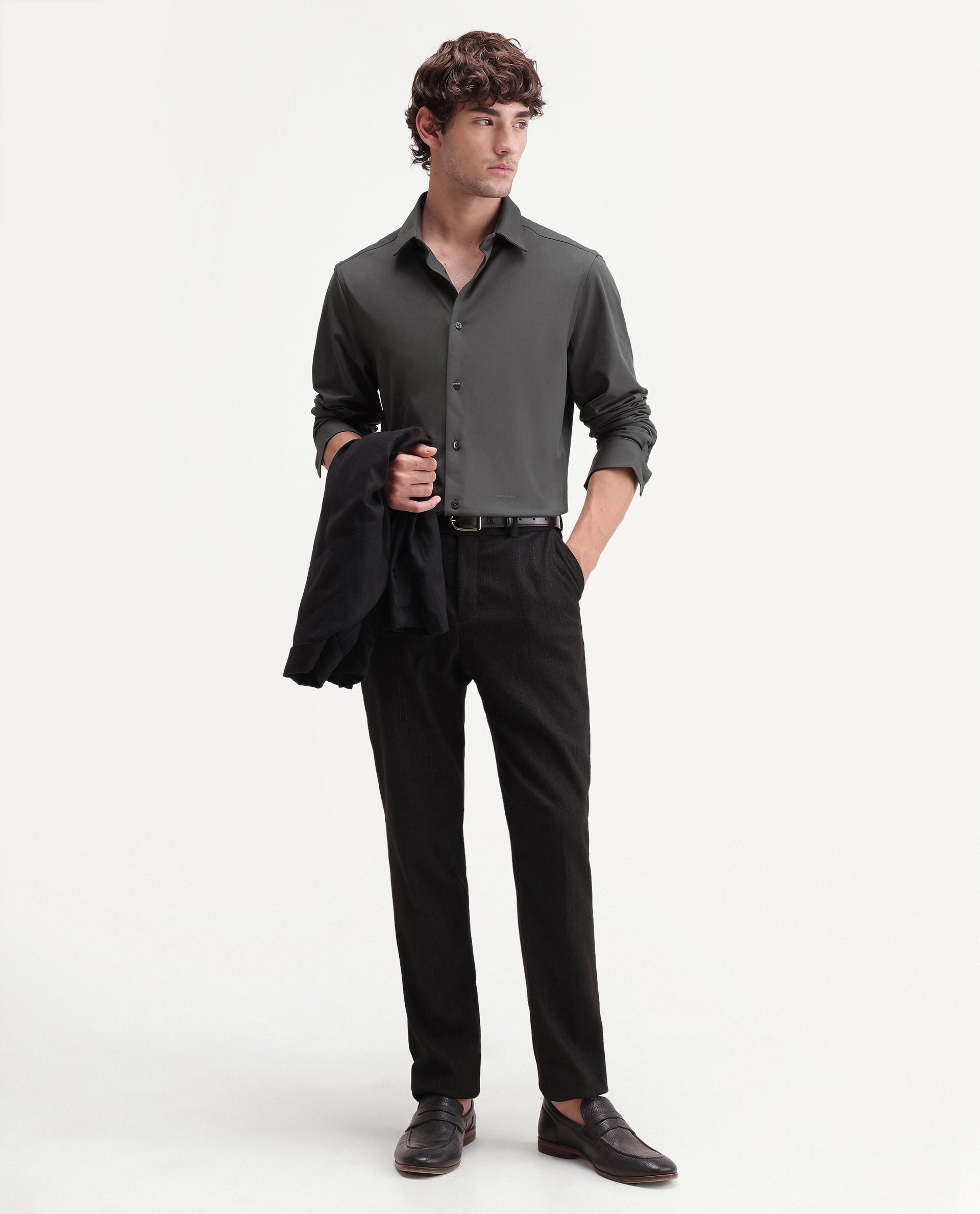 Rare Rabbit Men's Tour-Aw26 Dark Grey Cotton Blend Spread Collar Regular Plain Shirt