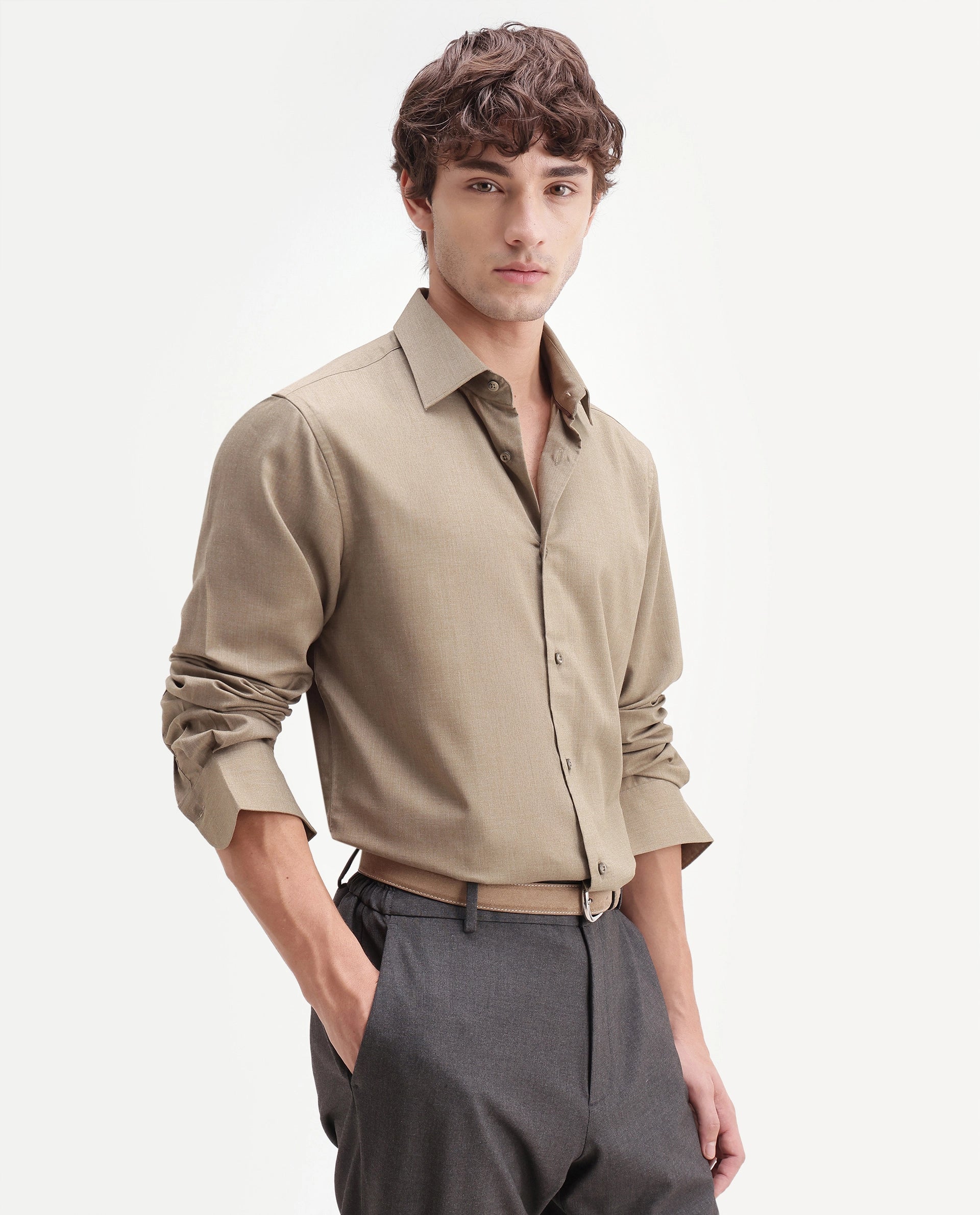 Rare Rabbit Men's Gunjo-Aw26 Dusky Green Polyester Blend Spread Collar Regular Plain Shirt