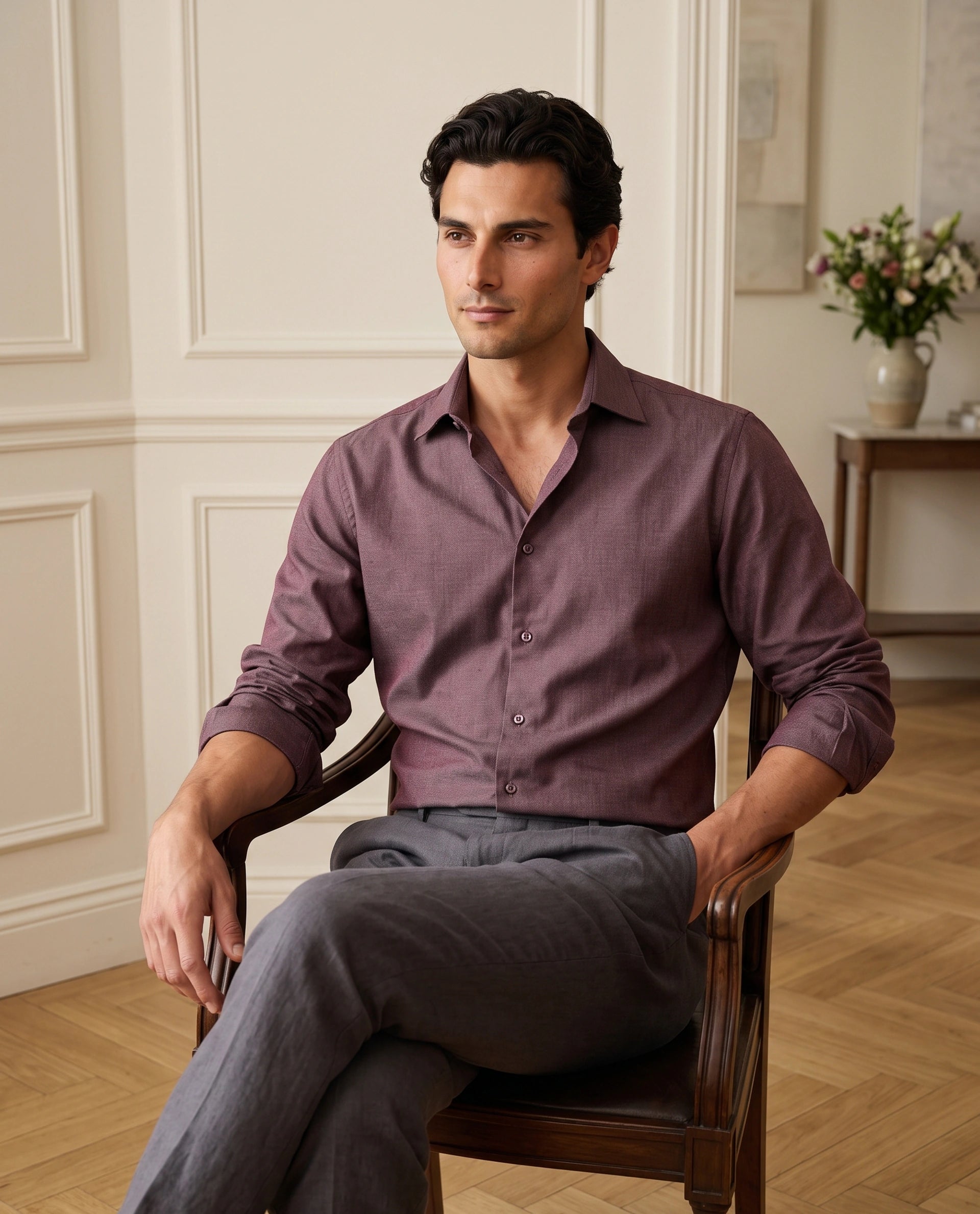 Rare Rabbit Men's Gunjo-Aw26 Dusky Purple Polyester Blend Spread Collar Regular Plain Shirt