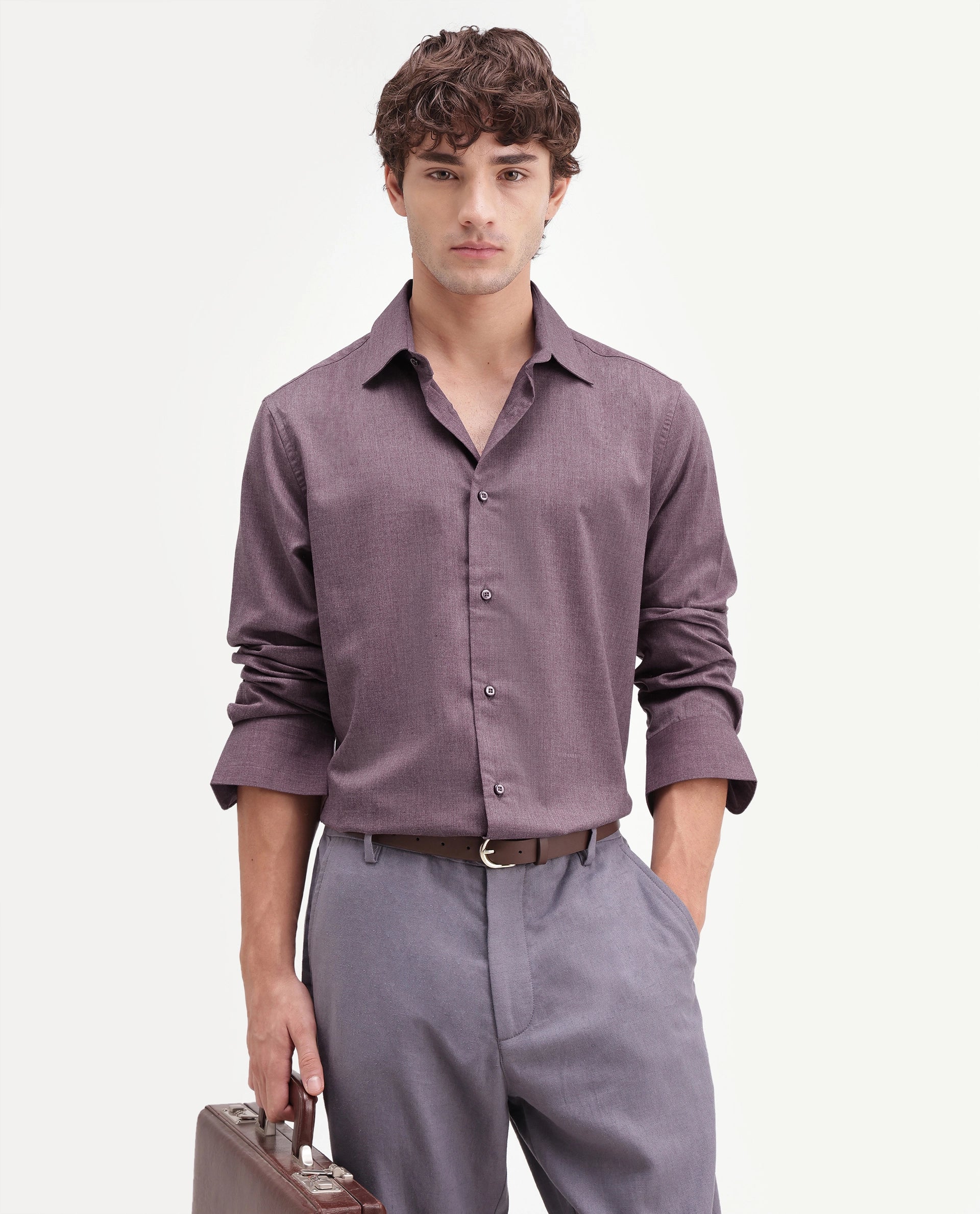 Rare Rabbit Men's Gunjo-Aw26 Dusky Purple Polyester Blend Spread Collar Regular Plain Shirt