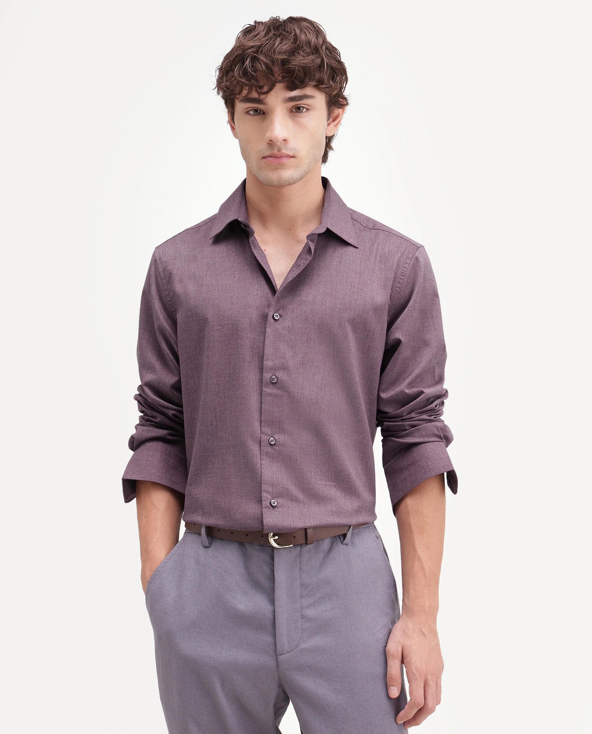 Rare Rabbit Men's Gunjo-Aw26 Dusky Purple Polyester Blend Spread Collar Regular Plain Shirt