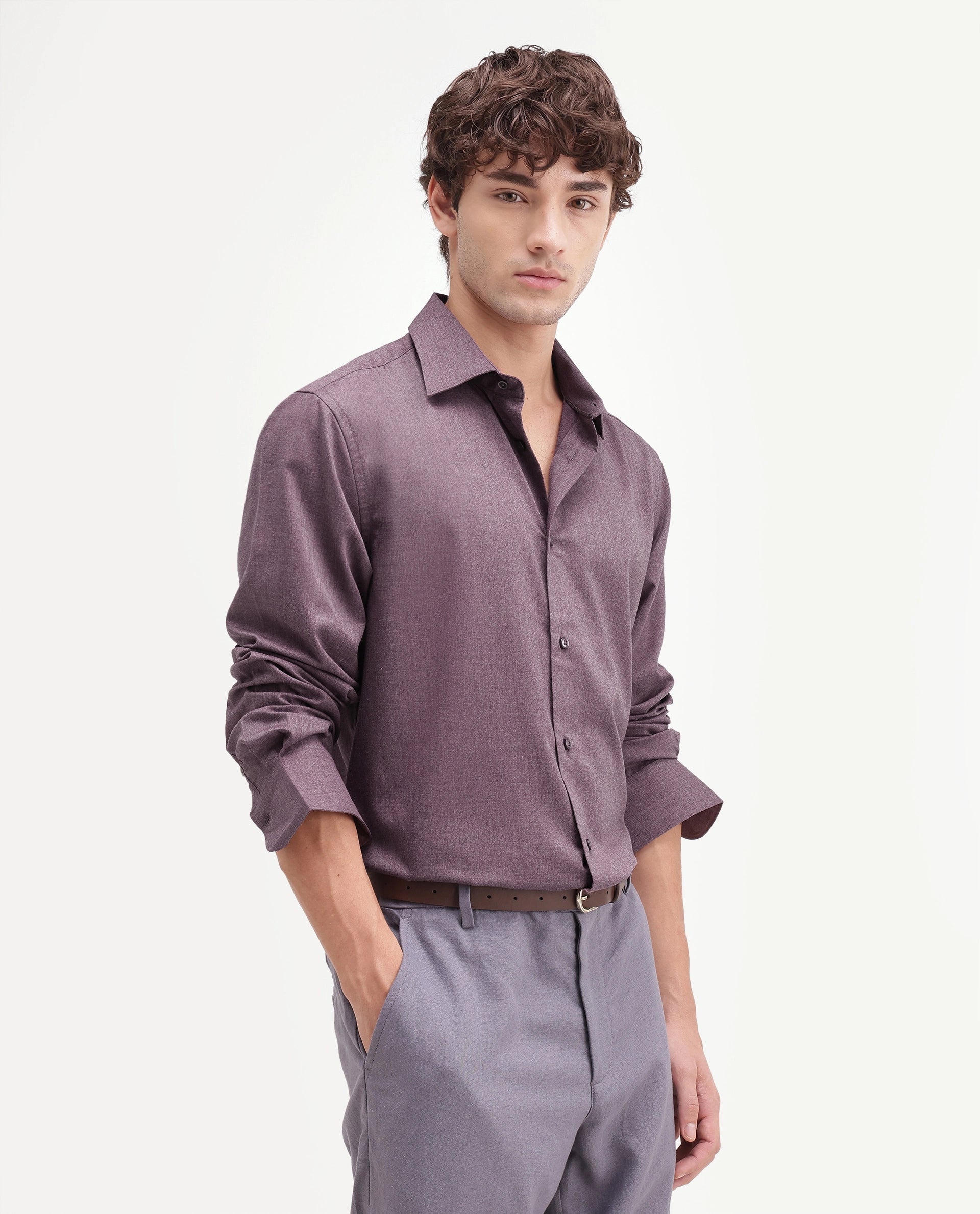 Rare Rabbit Men's Gunjo-Aw26 Dusky Purple Polyester Blend Spread Collar Regular Plain Shirt