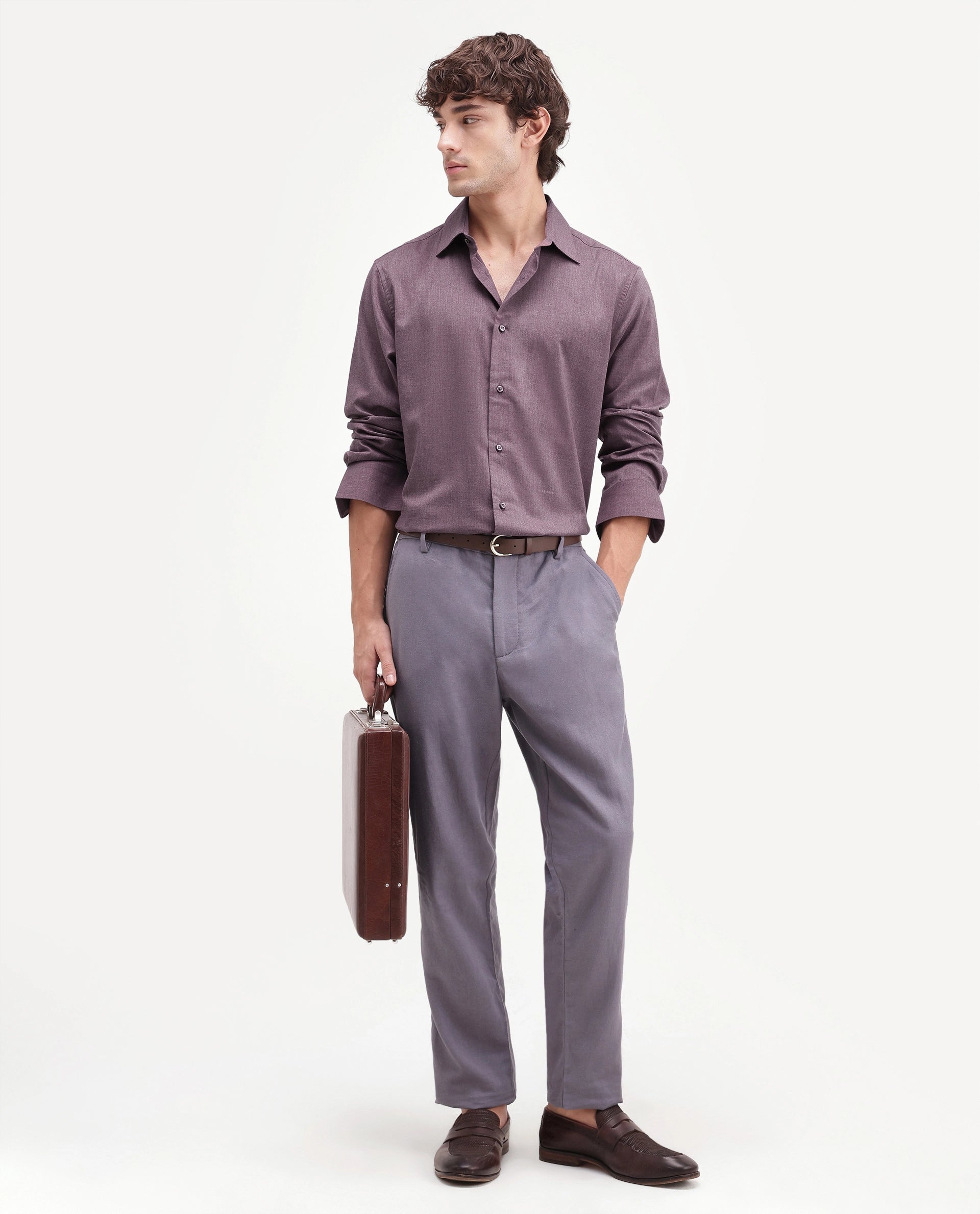 Rare Rabbit Men's Gunjo-Aw26 Dusky Purple Polyester Blend Spread Collar Regular Plain Shirt