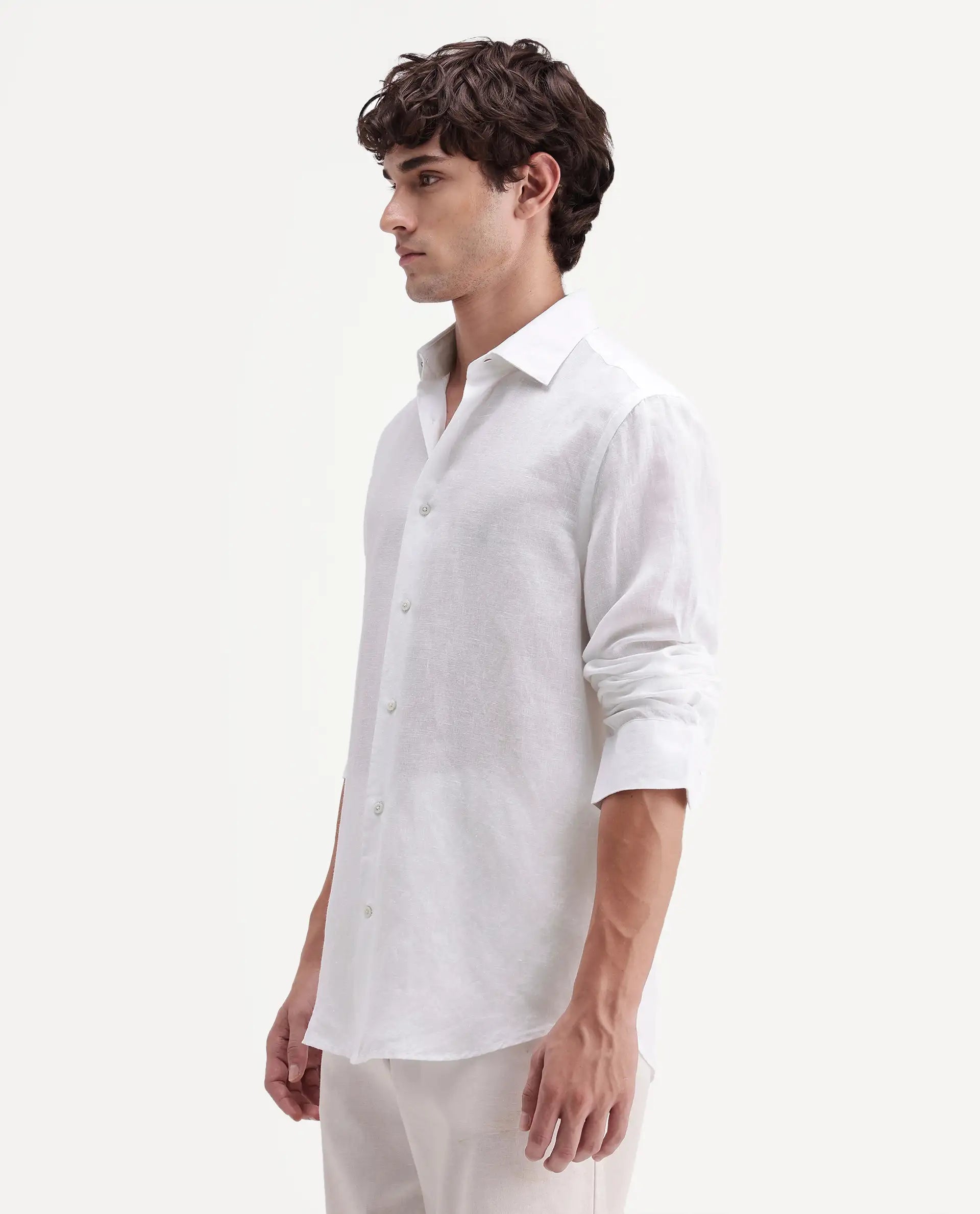 Rare Rabbit Men's Linex-Ls-Aw26 White Linen Blend Spread Collar Regular Fit Plain Shirt