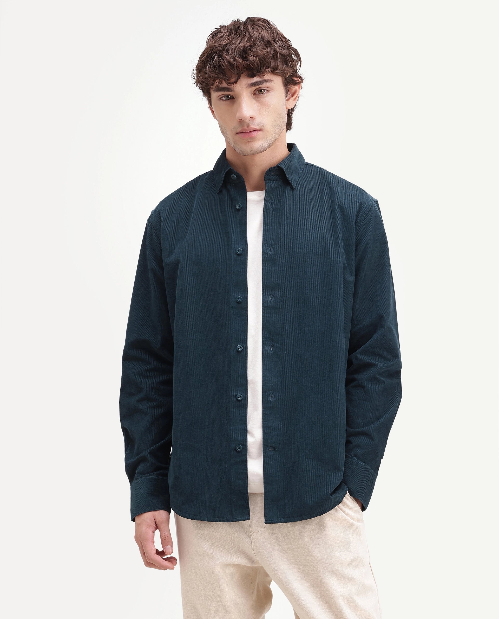 Rare Rabbit Men's Buita-Aw26 Teal Cotton Spread Collar Regular Fit Plain Shirt