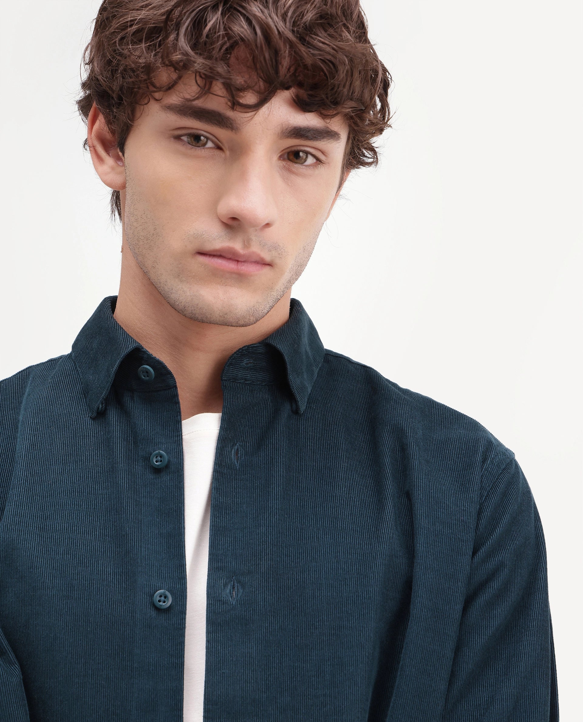 Rare Rabbit Men's Buita-Aw26 Teal Cotton Spread Collar Regular Fit Plain Shirt