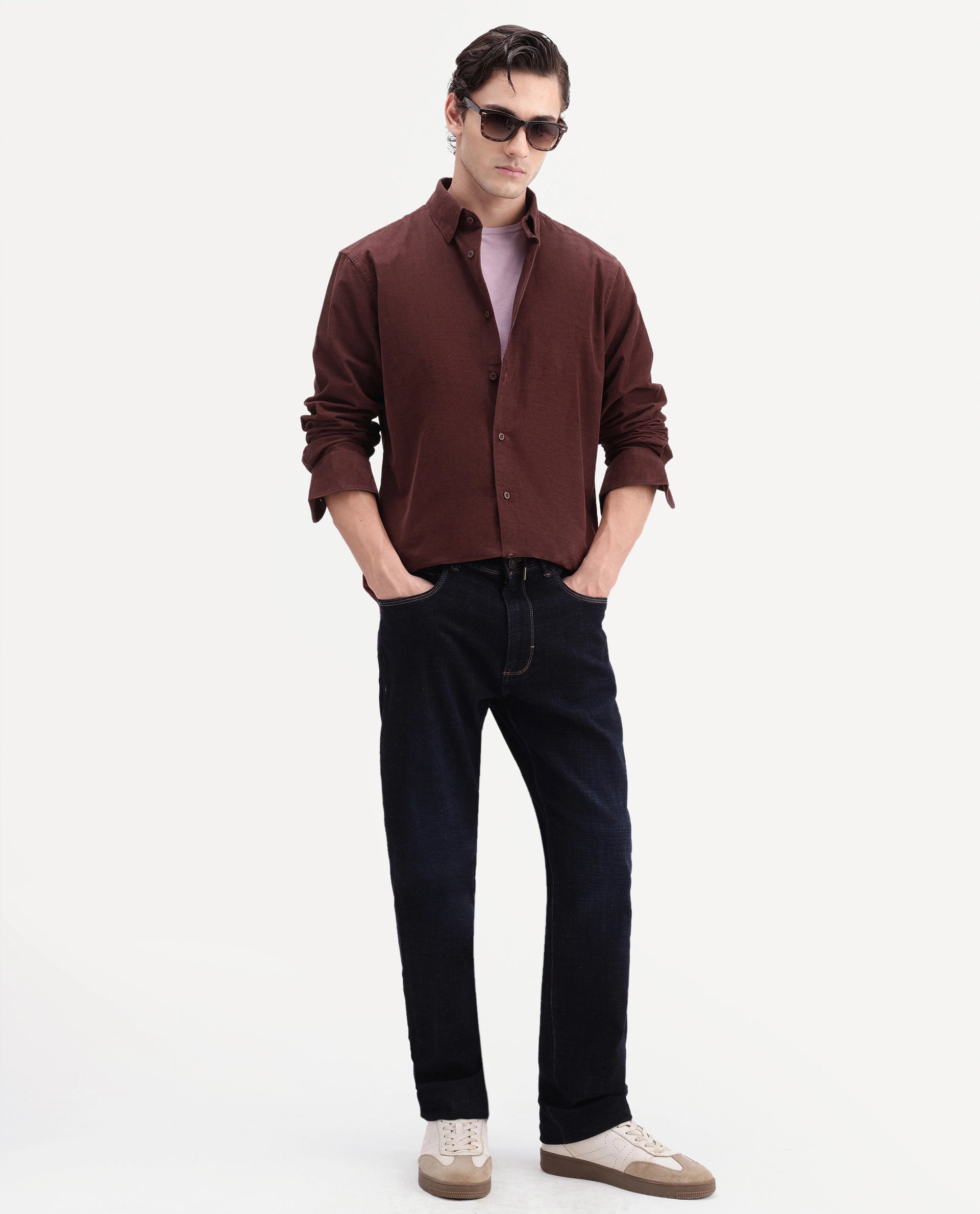 Rare Rabbit Men's Buita-Aw26 Dark Red Cotton Spread Collar Regular Fit Plain Shirt
