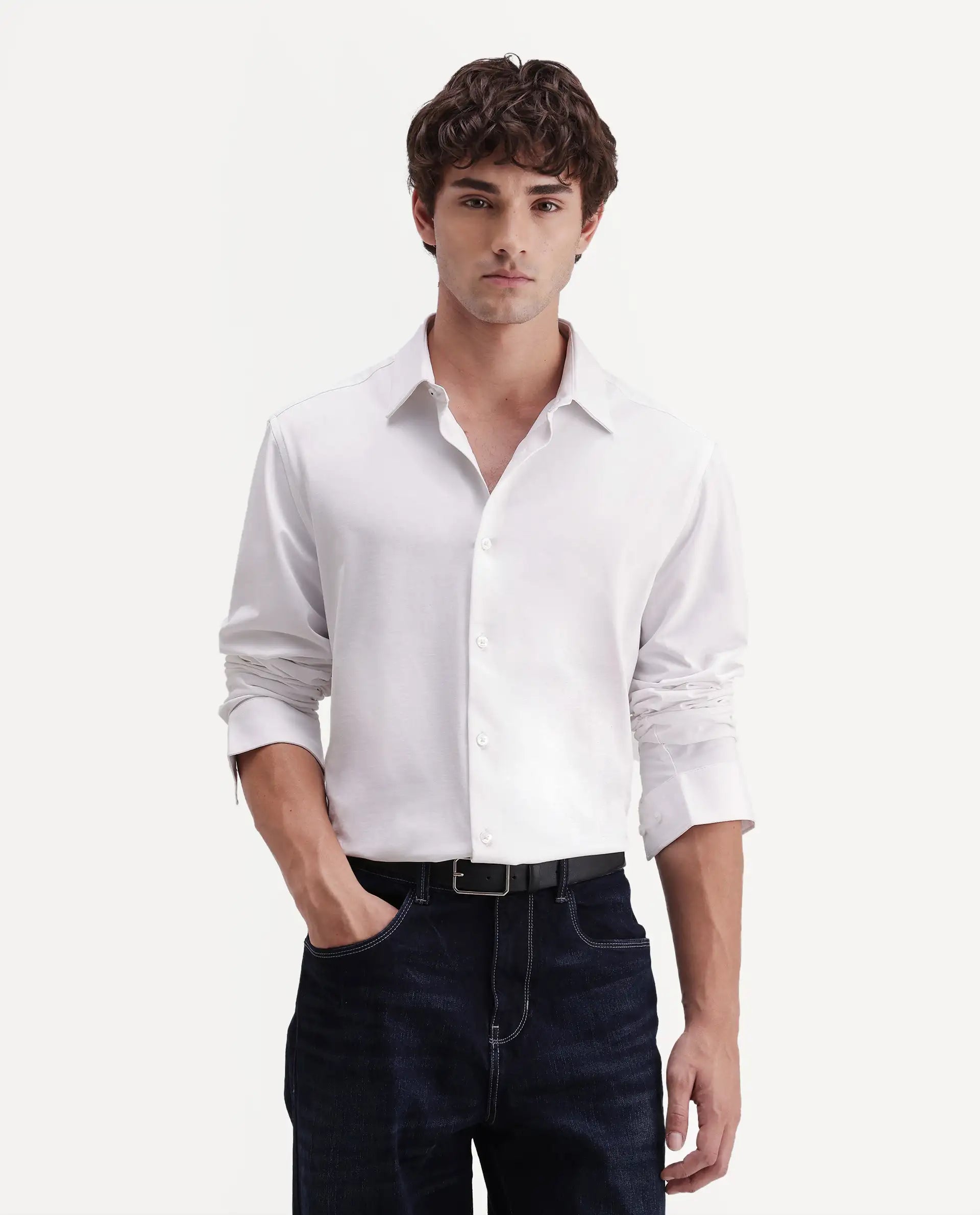 Rare Rabbit Men's Tour-Aw26 White Cotton Blend Spread Collar Regular Plain Shirt