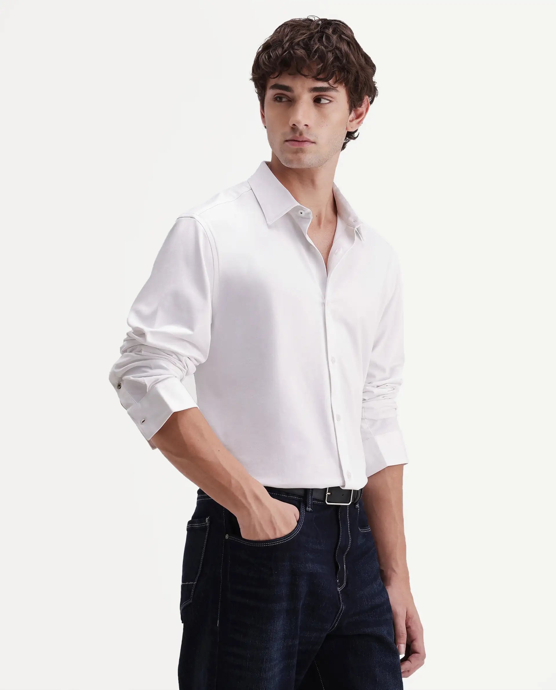 Rare Rabbit Men's Tour-Aw26 White Cotton Blend Spread Collar Regular Plain Shirt