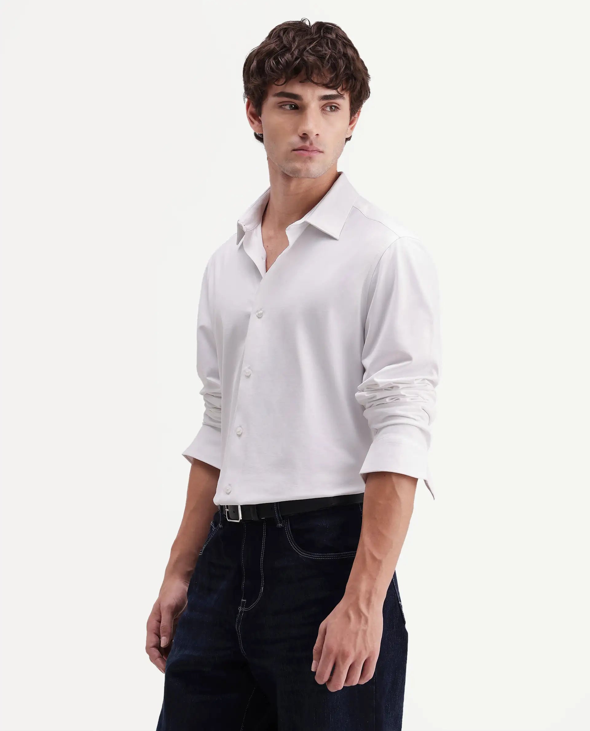 Rare Rabbit Men's Tour-Aw26 White Cotton Blend Spread Collar Regular Plain Shirt