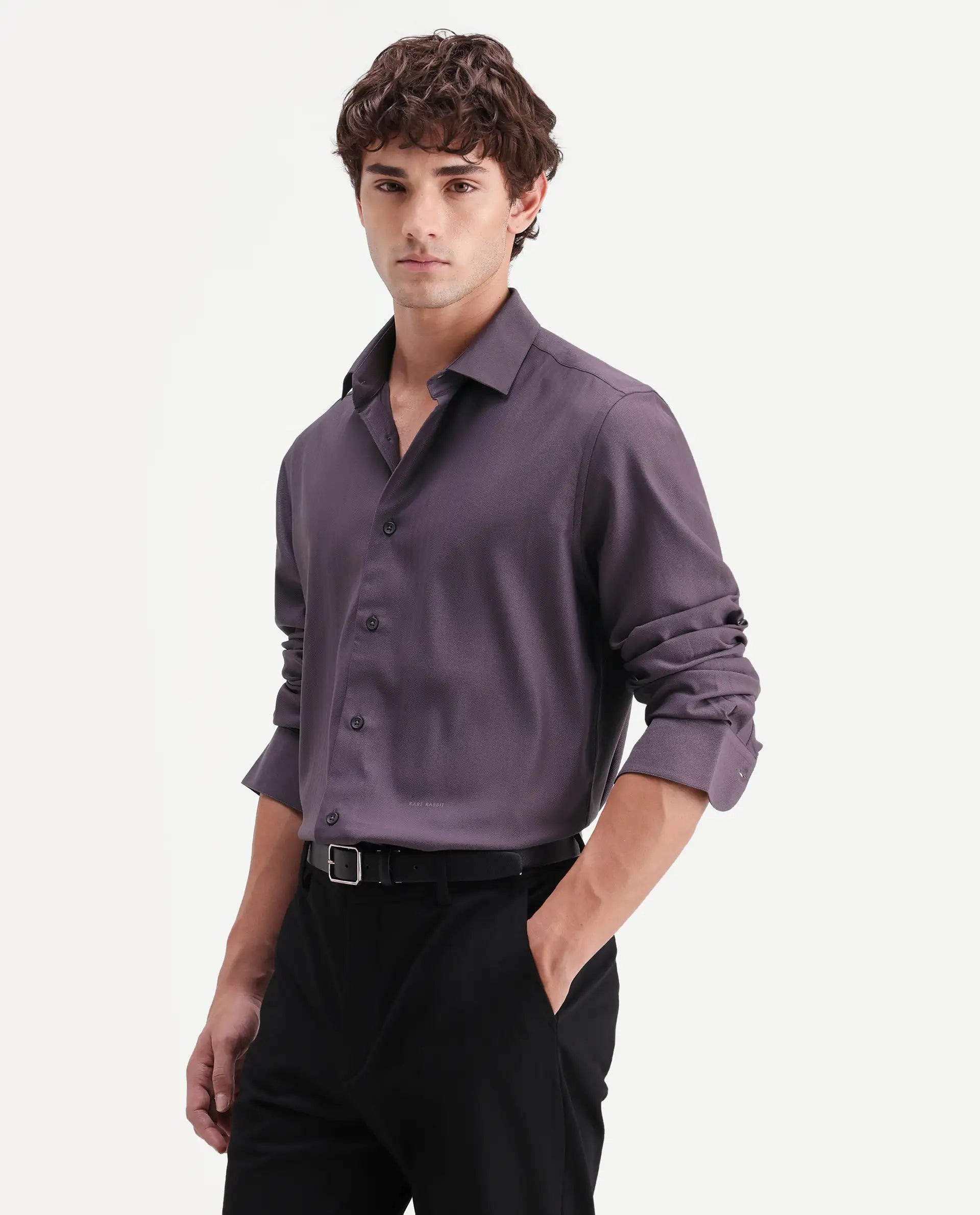 Rare Rabbit Men's Mer-Aw26 Dusky Purple Polyester Blend Spread Collar Regular Plain Shirt