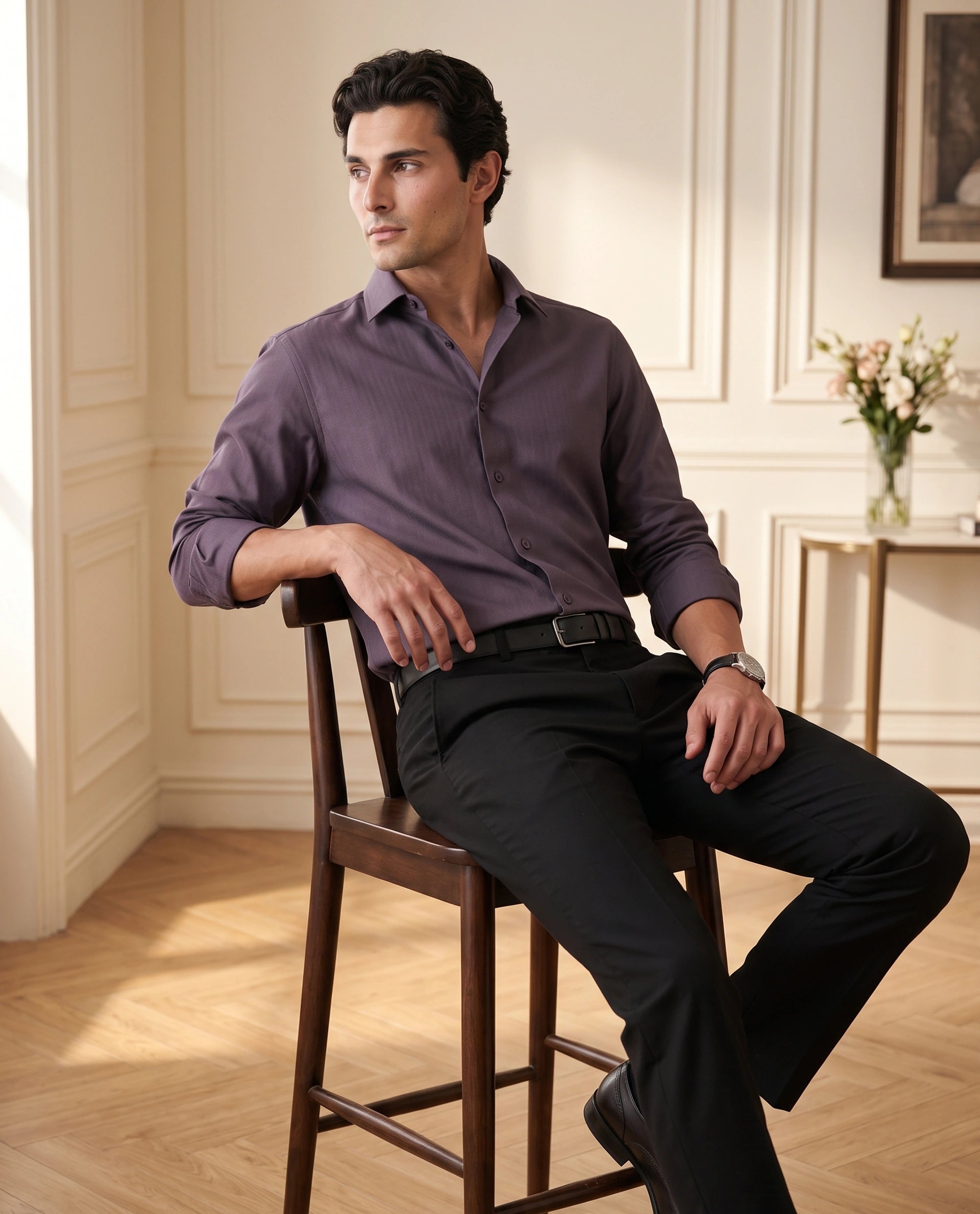 Rare Rabbit Men's Mer-Aw26 Dusky Purple Polyester Blend Spread Collar Regular Plain Shirt