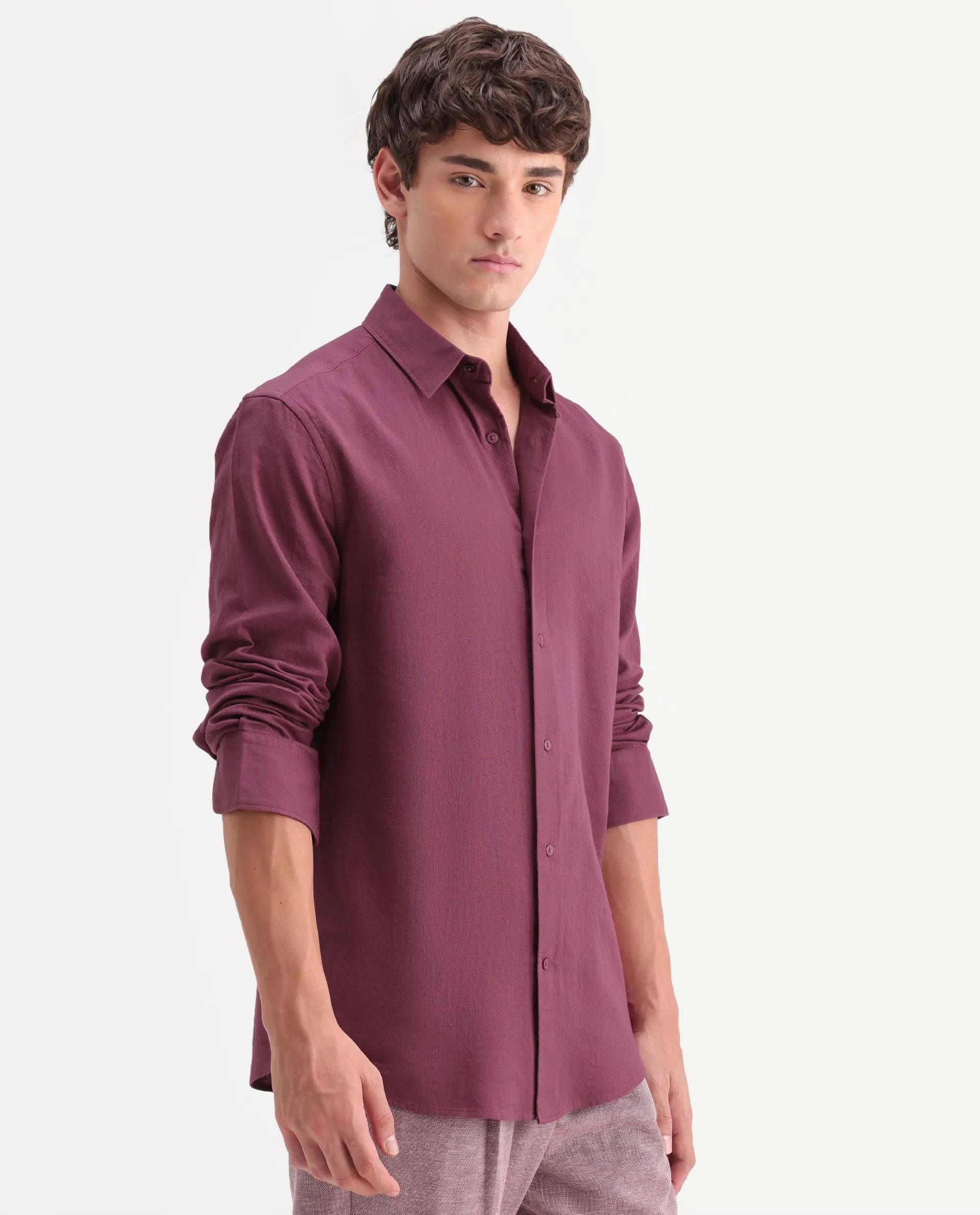 Rare Rabbit Men's Layer-Ls-Aw26 Dusky Pink Cotton Spread Collar Regular Plain Shirt