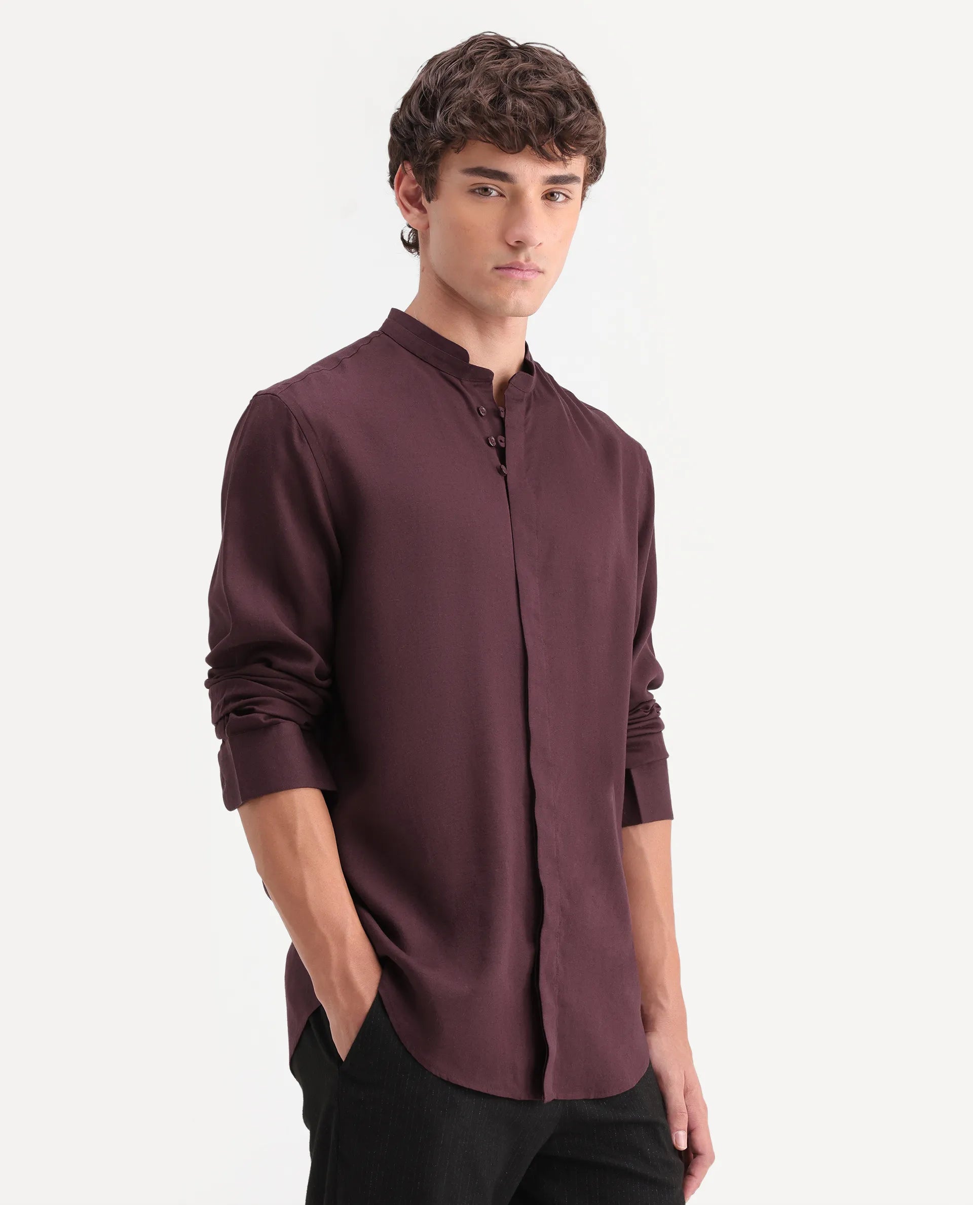 Rare Rabbit Men's Throne-Aw26 Dusky Maroon Linen Blend Mandarin Collar Regular Plain Shirt