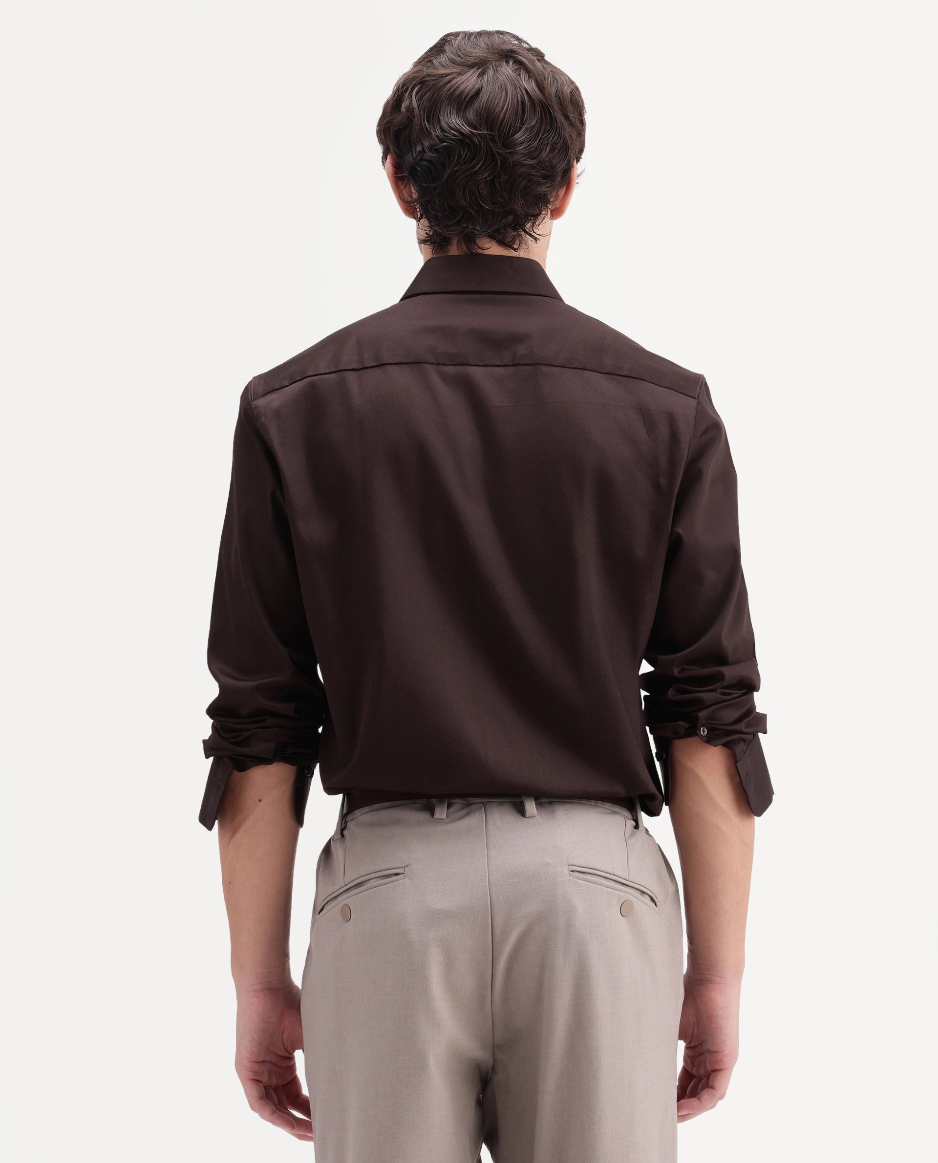 Rare Rabbit Men's Holla-Aw26 Dark Brown Cotton Blend Spread Collar Regular Plain Shirt