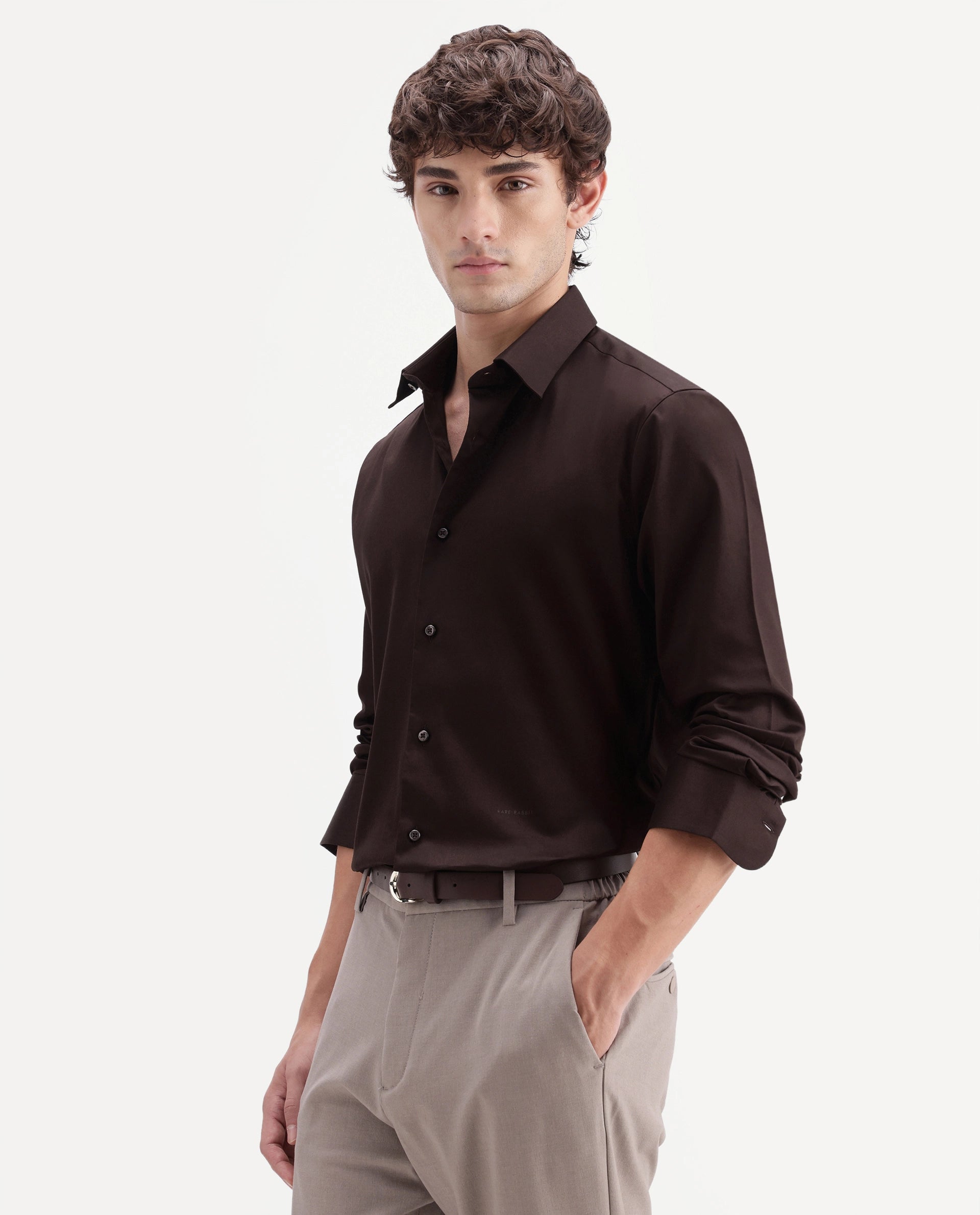 Rare Rabbit Men's Holla-Aw26 Dark Brown Cotton Blend Spread Collar Regular Plain Shirt
