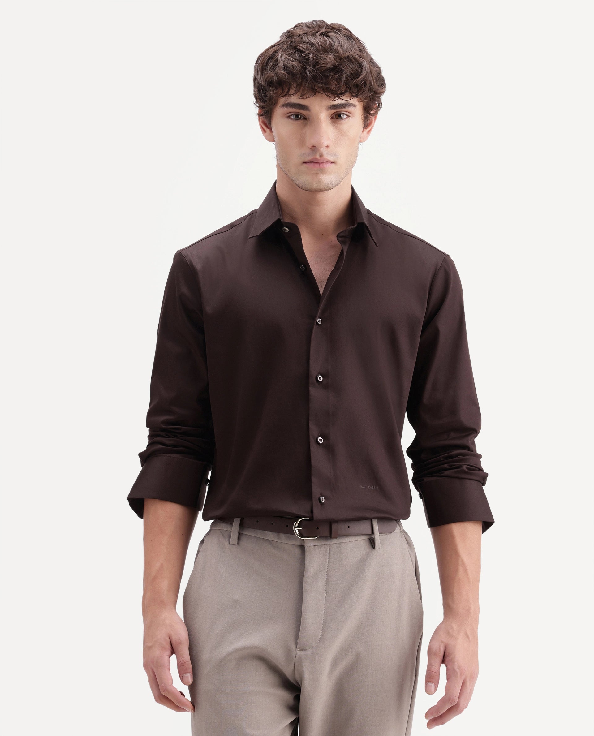 Rare Rabbit Men's Holla-Aw26 Dark Brown Cotton Blend Spread Collar Regular Plain Shirt